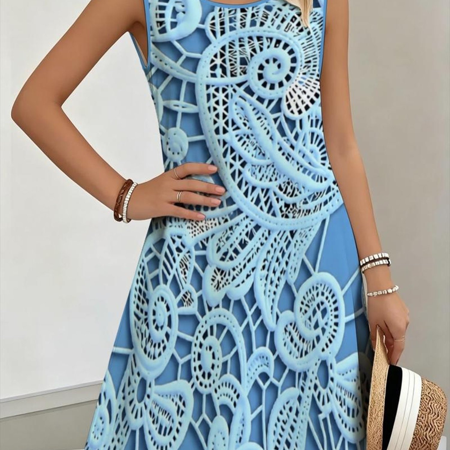 TEMU Women's Novelty Dress, Graduation Season, Light Blue Intricate Lace, Material, Multiple Specifications , Elegant Ornate Design, Suitable For