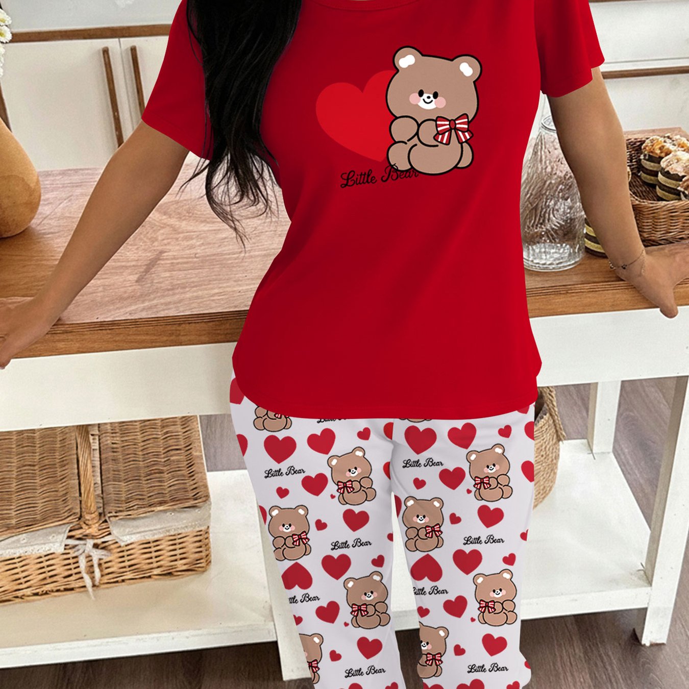 TEMU Women's "little Bear" Short Sleeve Round Neck Top With Heart Print And White Pants With Red Hearts Pajama Set