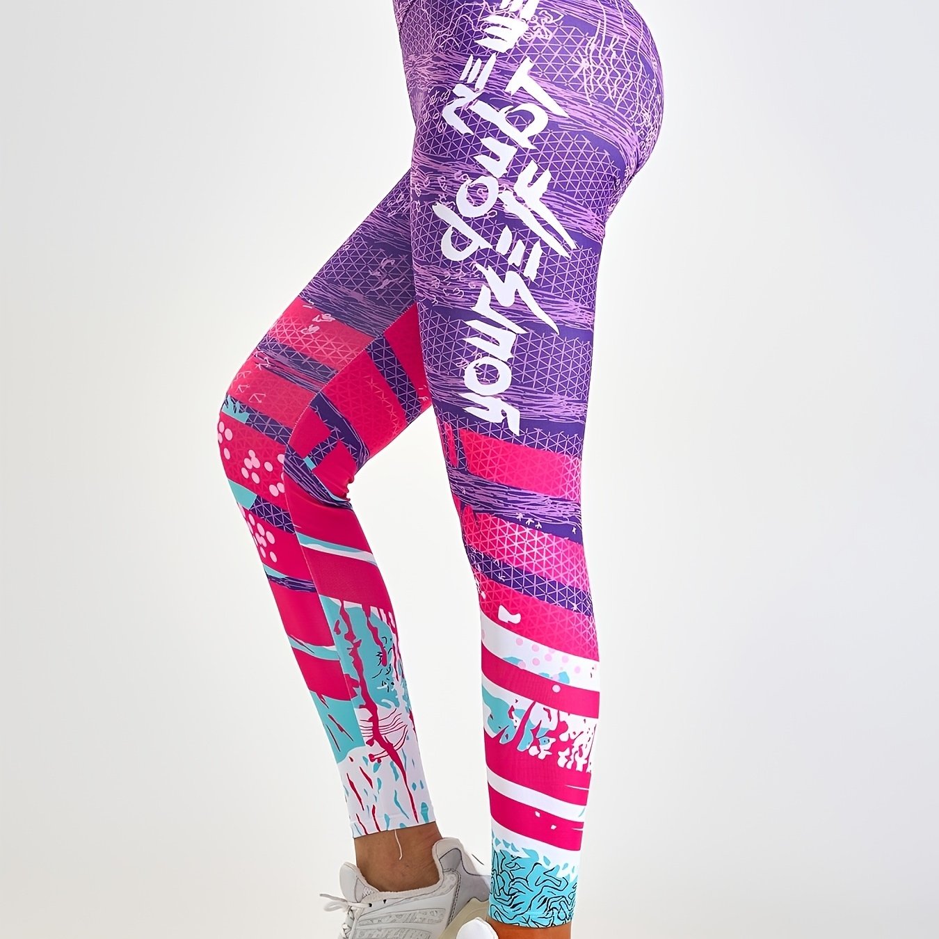 Image of Durable] Women's Slimming High-waist Yoga Leggings With Lift - Vibrant Graffiti Print, Stretchy Polyester Activewear Pants, Machine Washable, Yoga Pants