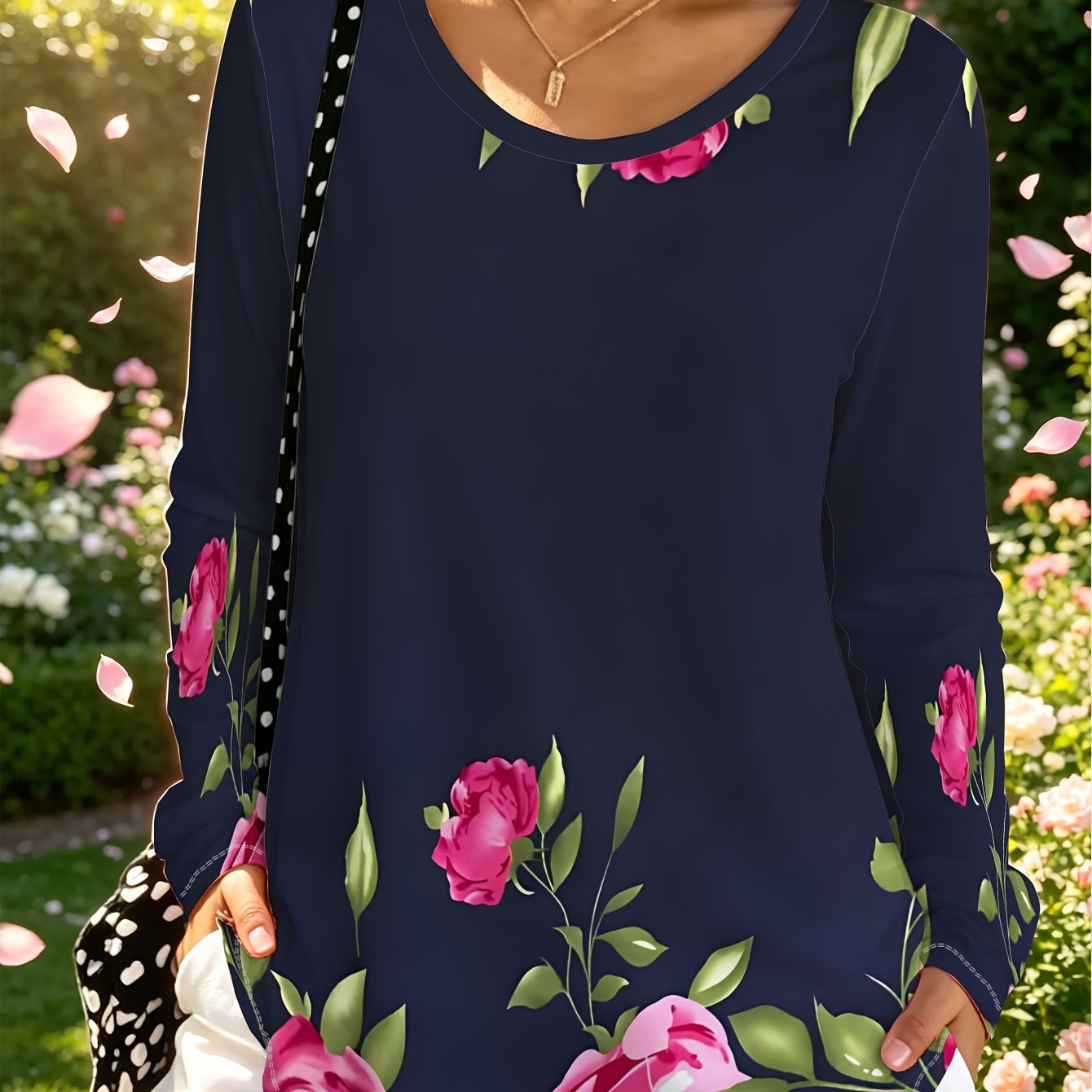 TEMU Plus Size Casual Women's Floral Print Long Sleeve Top, Spring Summer Loose Pullover Sweater