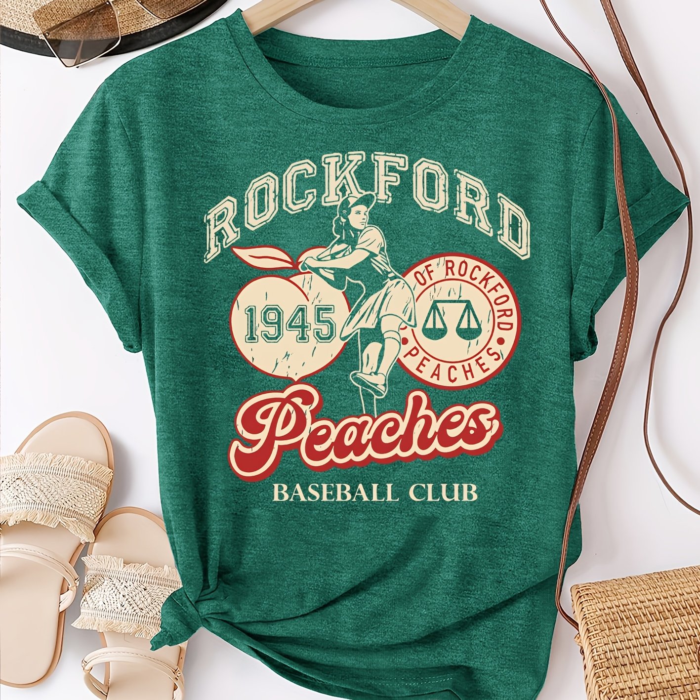 TEMU Women's Peaches Vintage Short-sleeve T-shirt - Retro Print Round Neck Tee, Soft Breathable Fabric Suitable For Casual Wear, Sports Events &