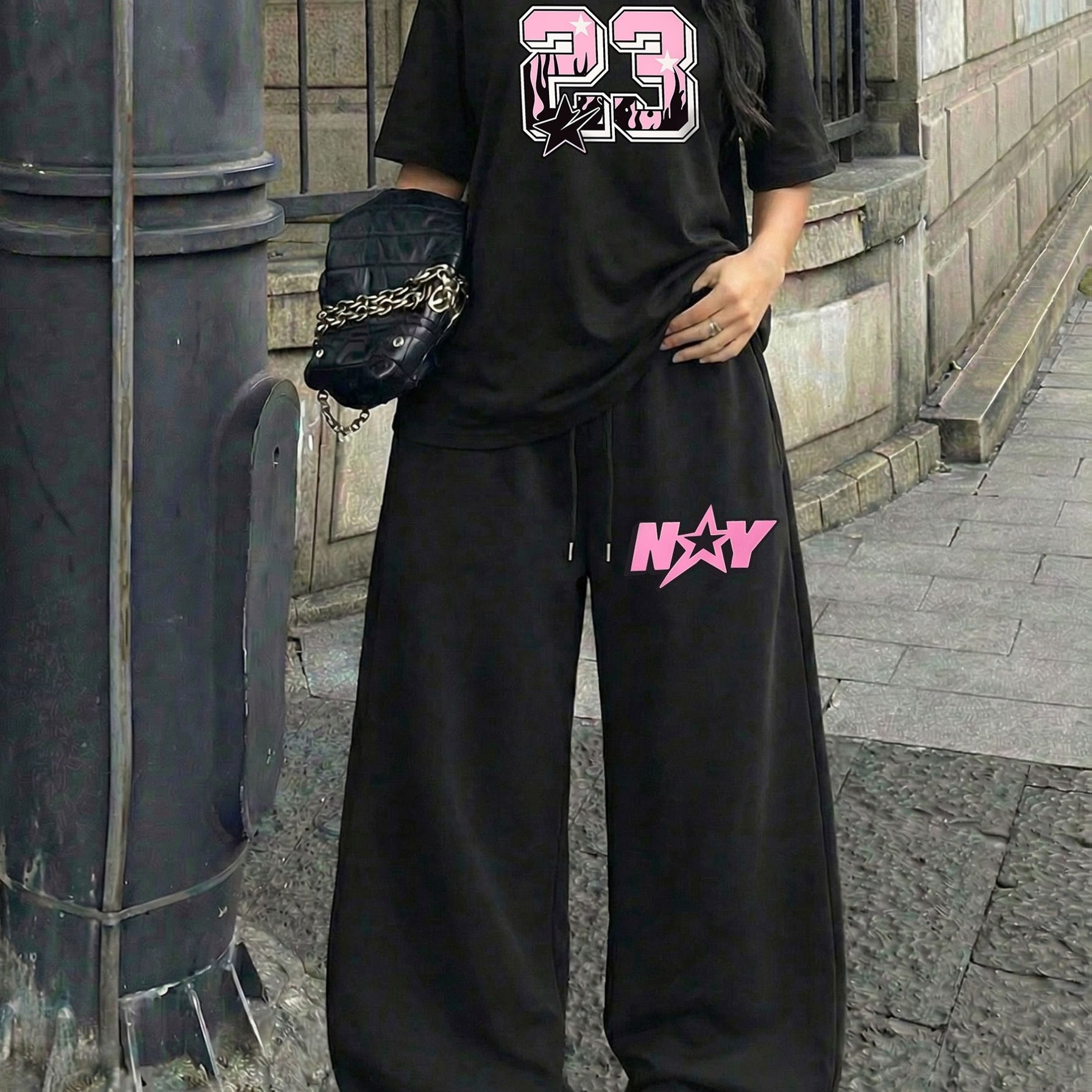 TEMU Black Women's Style 23 Number "california" Printed Round Neck Short Sleeve And Loose Drawstring Pants 2pcs Set, Women's Sports Jersey Outfit,