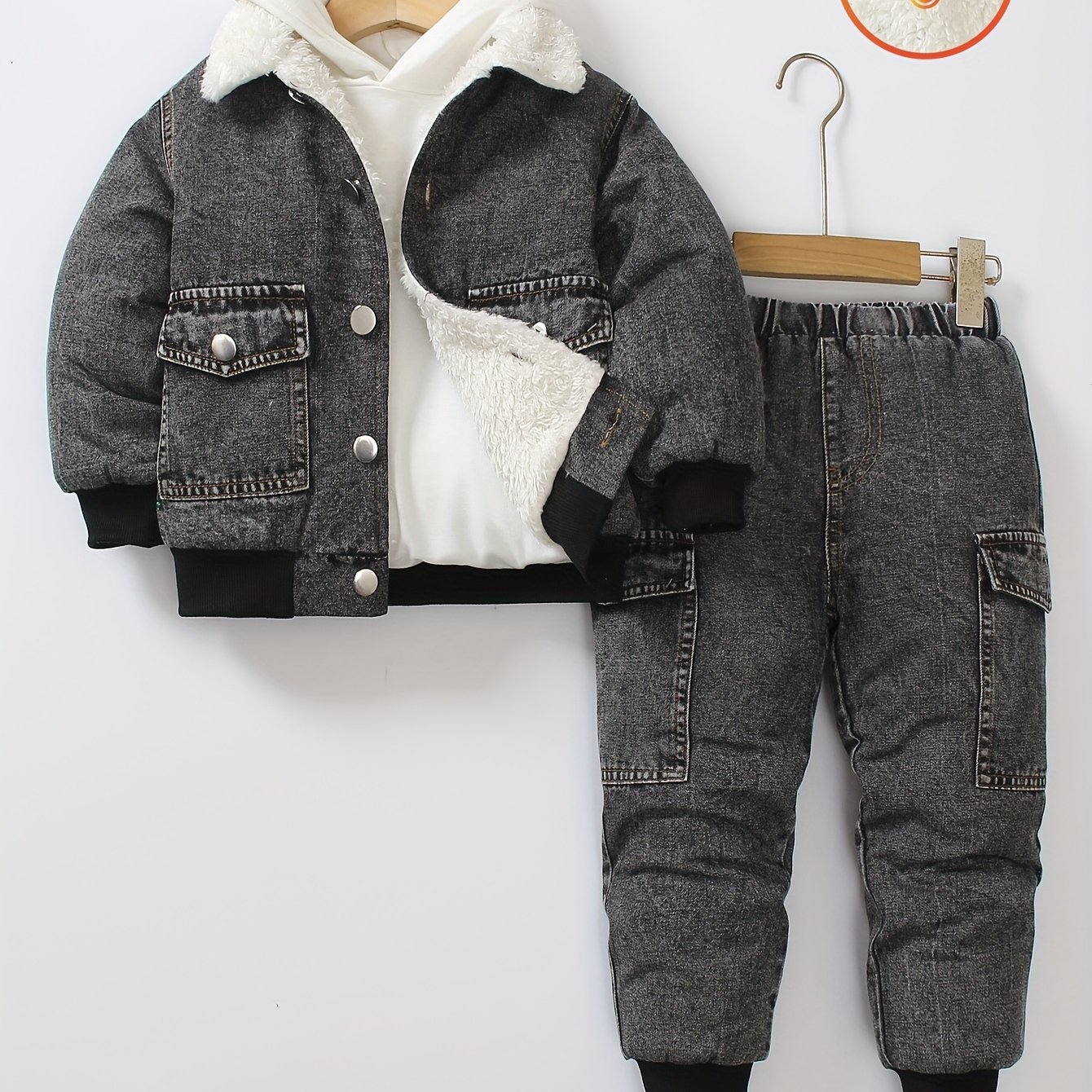 Image of 2pcs Set: A Set Of Brushed Denim Long-sleeve Jacket And Trousers For Young Boys, Designed For Autumn/winter, , Perfect For Outdoor