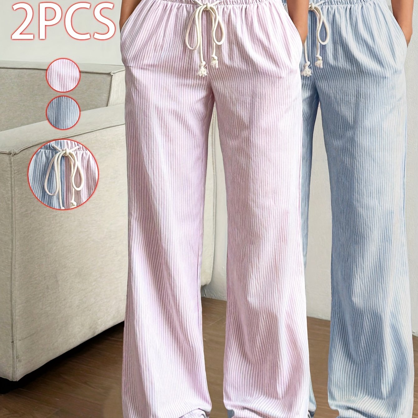 2pcs Set: Spring/summer Solid Color Thin Stripe Low-rise Drawstring Straight-leg Pants, 2pcs Women's Fashion Casual Loungewear, Suitable For Casual And Dates