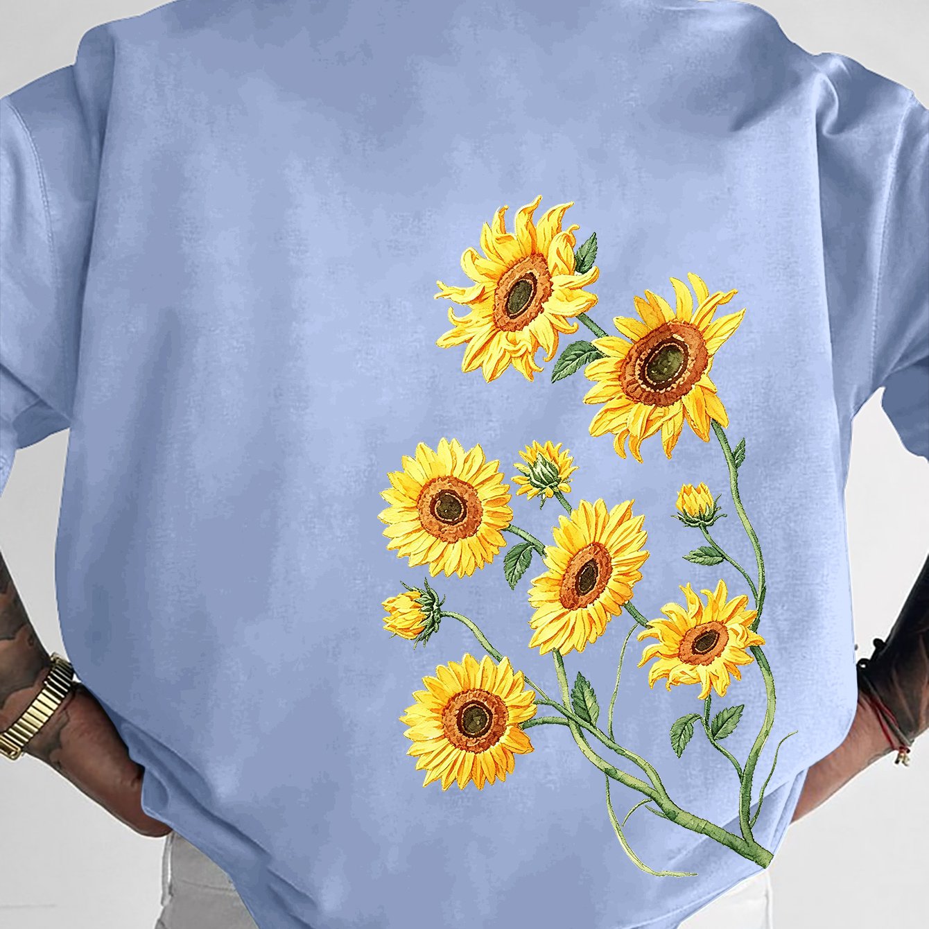 TEMU American-style Men's Casual Crewneck T-shirt With A Vibrant Sunflower Cluster Print, Suitable For Daily Commutes And Casual Wear
