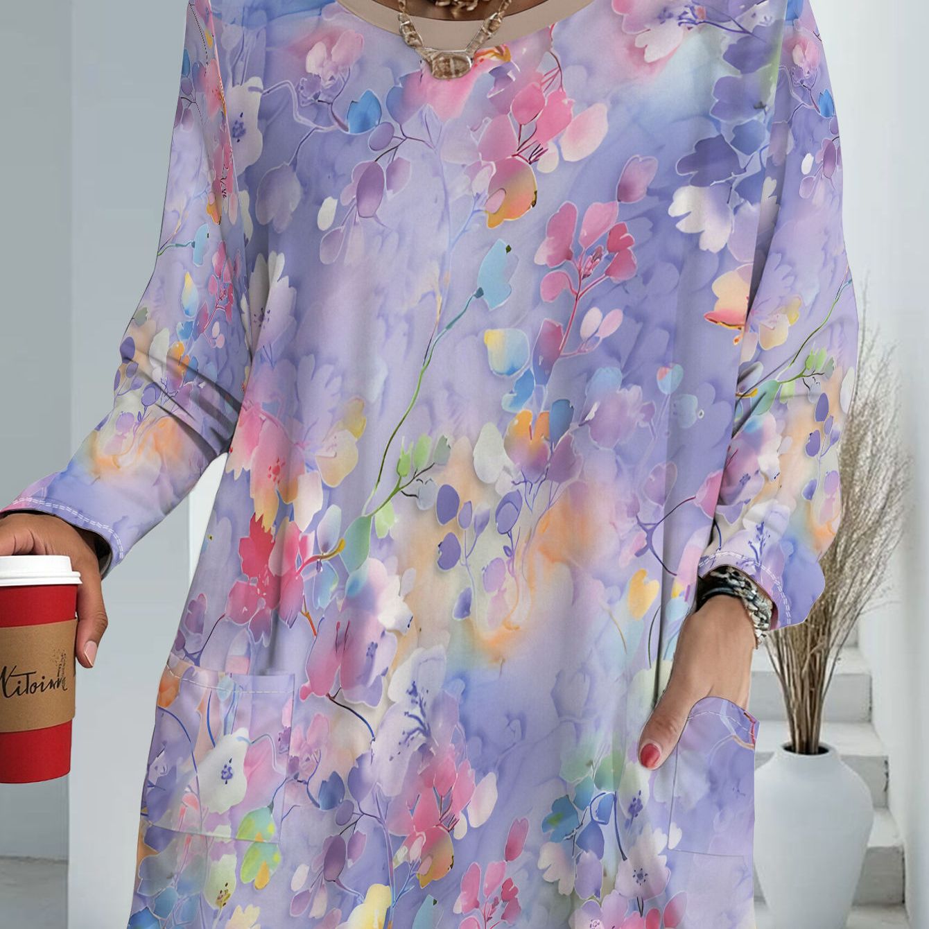 TEMU Women's Plus Size Spring Floral Print Long Sleeve Top, Loose And Comfortable, Design, Suitable For Daily Wear, Easily A Gentle And Style