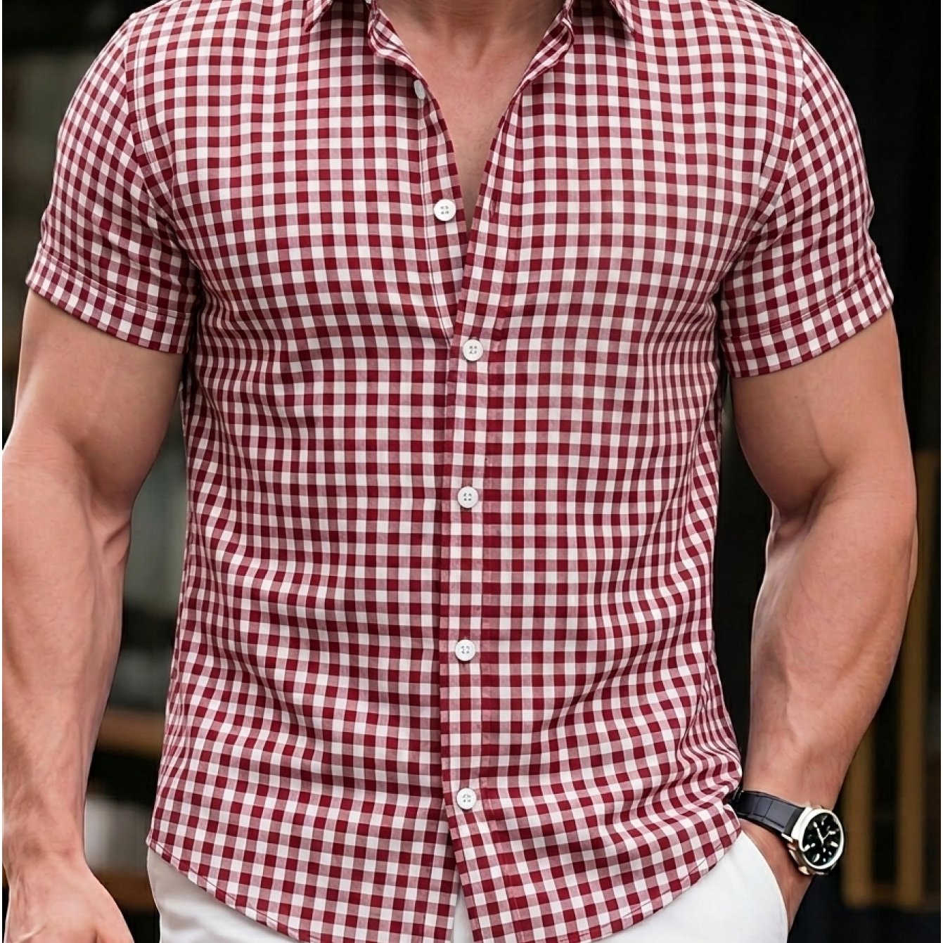 TEMU [print Design - Not Textured]men's Slim Fit Red And White Gingham Plaid Print Short Sleeve Shirt, Lightweight, Stretchy& Comfortable For Casual