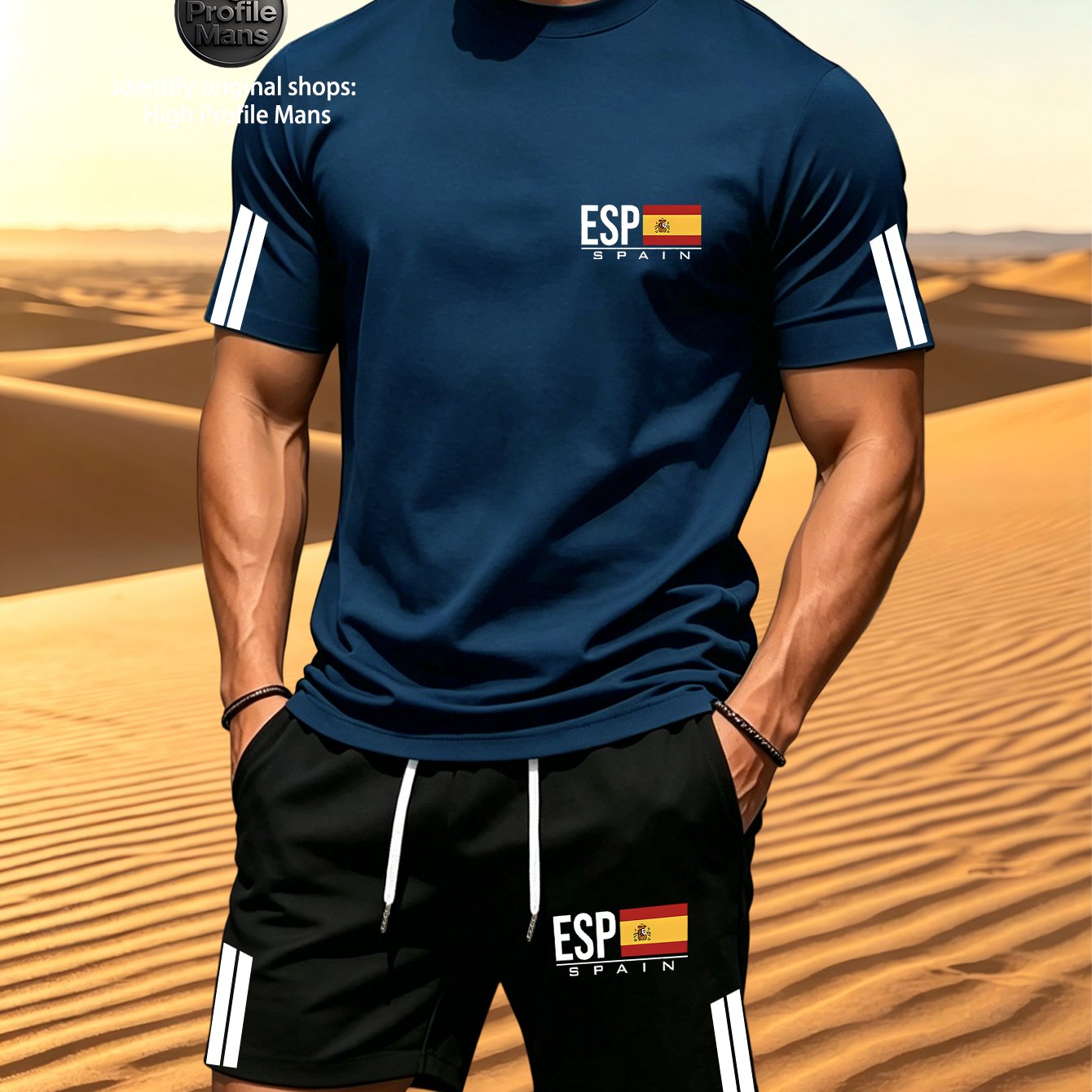 TEMU 2pcs Men's Summer Casual Sportswear Set With Striped Cuff Design, Drawstring Shorts With Pockets, Esp Spanish Element Print, Breathable And