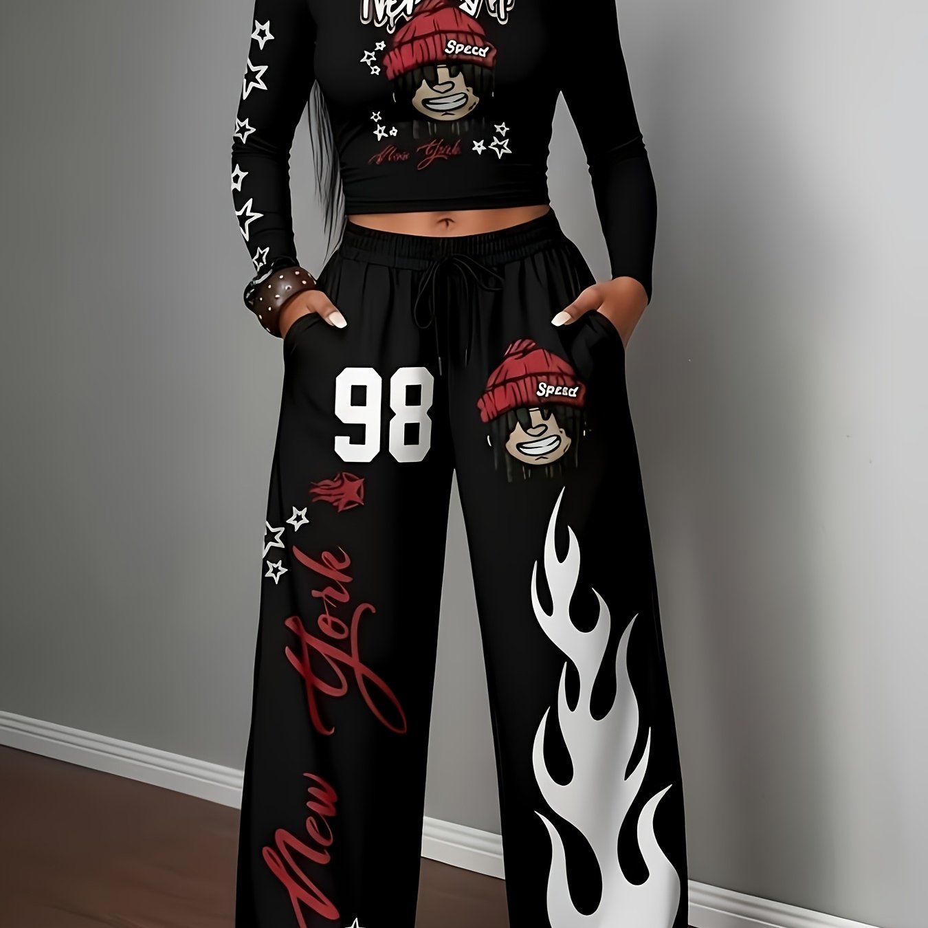 TEMU Y2k Street Vintage Hip-hop Top With Drawstring Waist Pants Set, 2pcs With Pockets, Women's