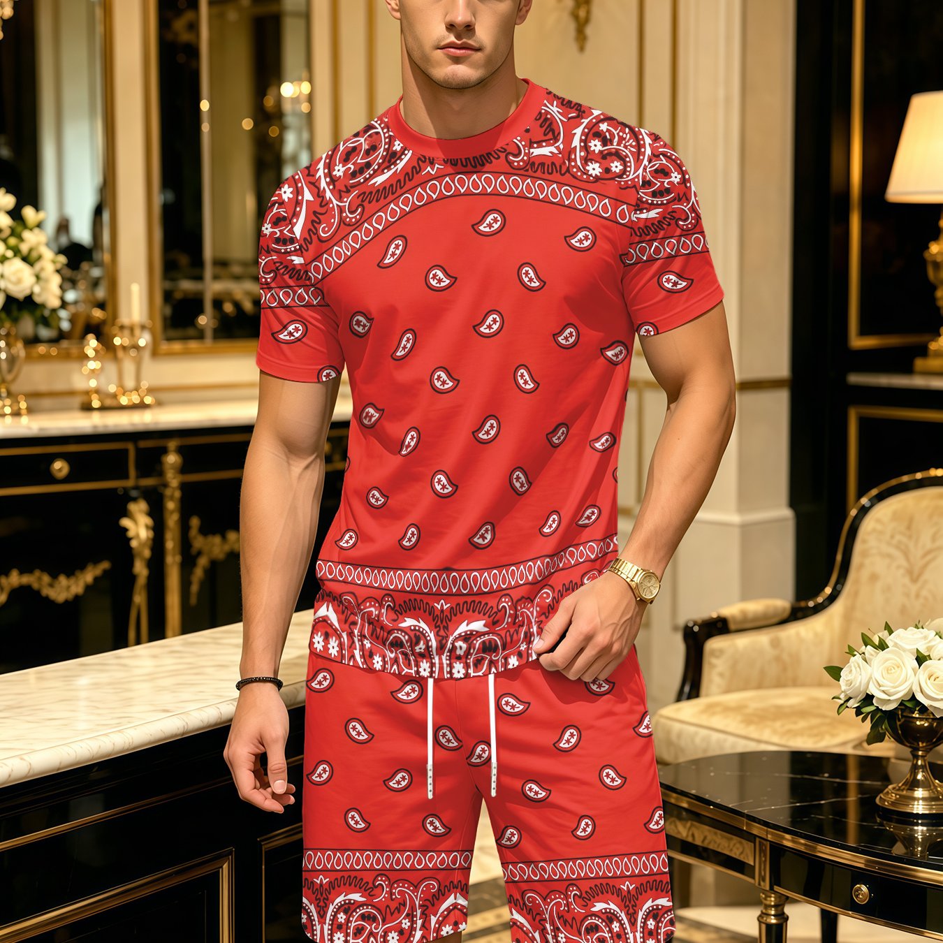 TEMU Men's 2pcs Casual Set With Bandana Print, Round Neck Short Sleeve Top & Matching Shorts, Breathable Design For Summer Outdoor Activities,