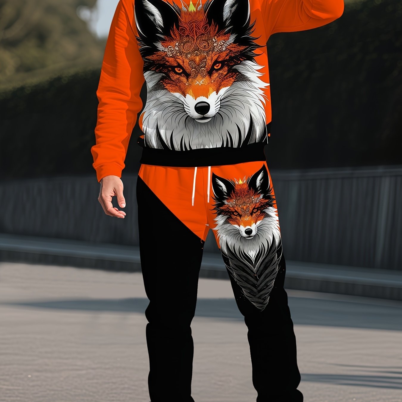 TEMU Black And Orange Contrast Color Print Fox Artistic Print Crew Neck Sweatshirt   Athletic Long Pants 2pcs Set, Three-dimensional Totem Fox Print