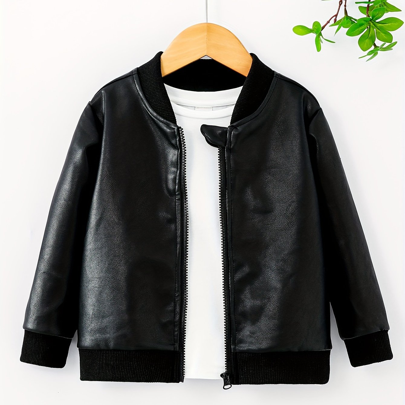 Image of Boys' Zipper Cardigan Jacket Top, Fashionable, Comfortable, Casual, Simple, Versatile Outdoor Pu Leather Outerwear,fall And Winter Clothes