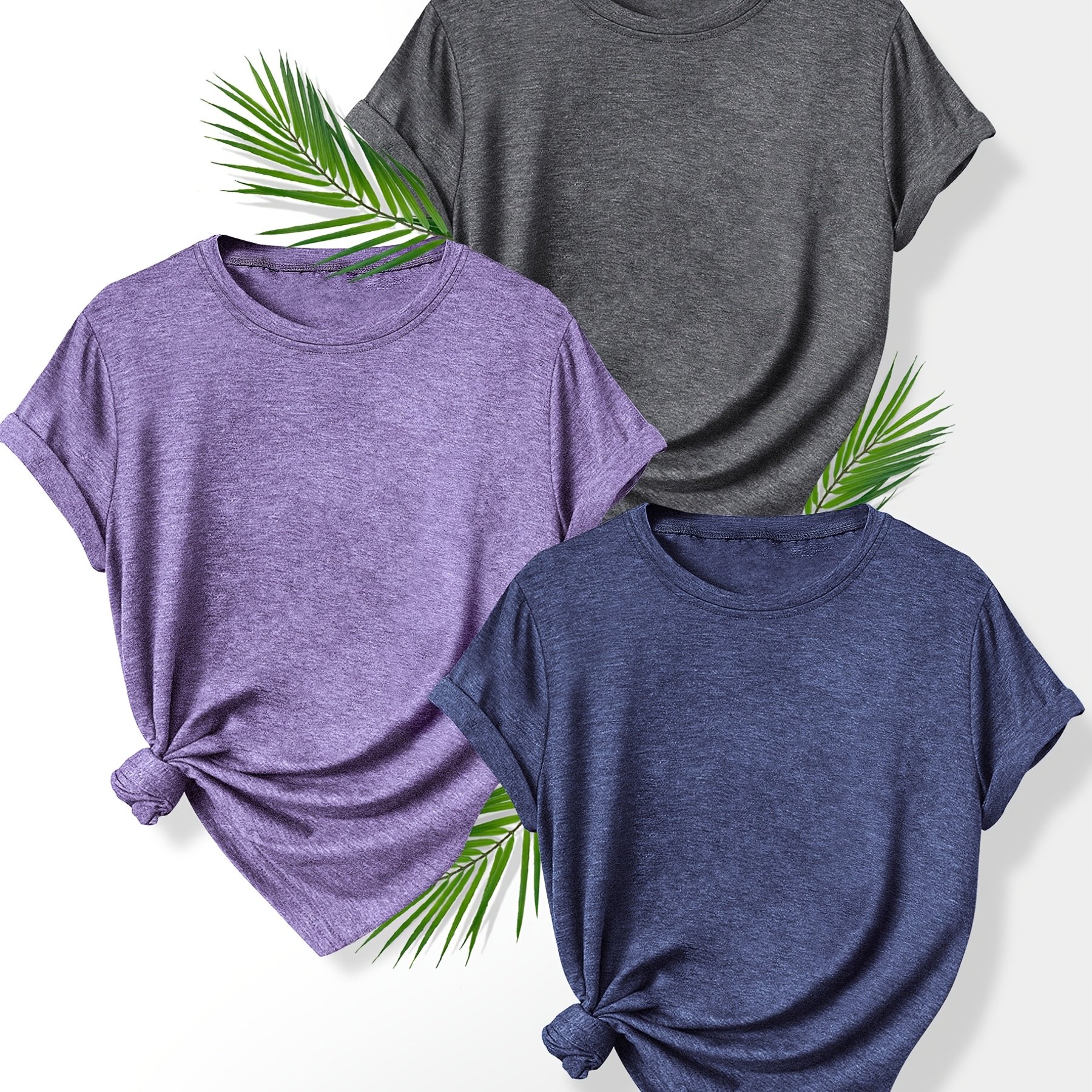 TEMU 3pcs Set Of Colored Plain Blank Mixed Style Tops: Solid Color Fashionable Vintage Style Women's Summer Casual Sporty Round Neck Short Sleeve