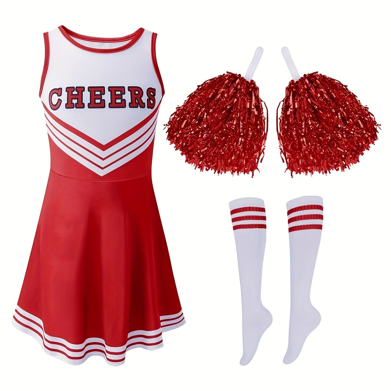 Image of Cheerleading Dress For Girls With Cheer Pompoms Socks Dress For Party Sports Cute Children's Dress Girls In Multiple Colors
