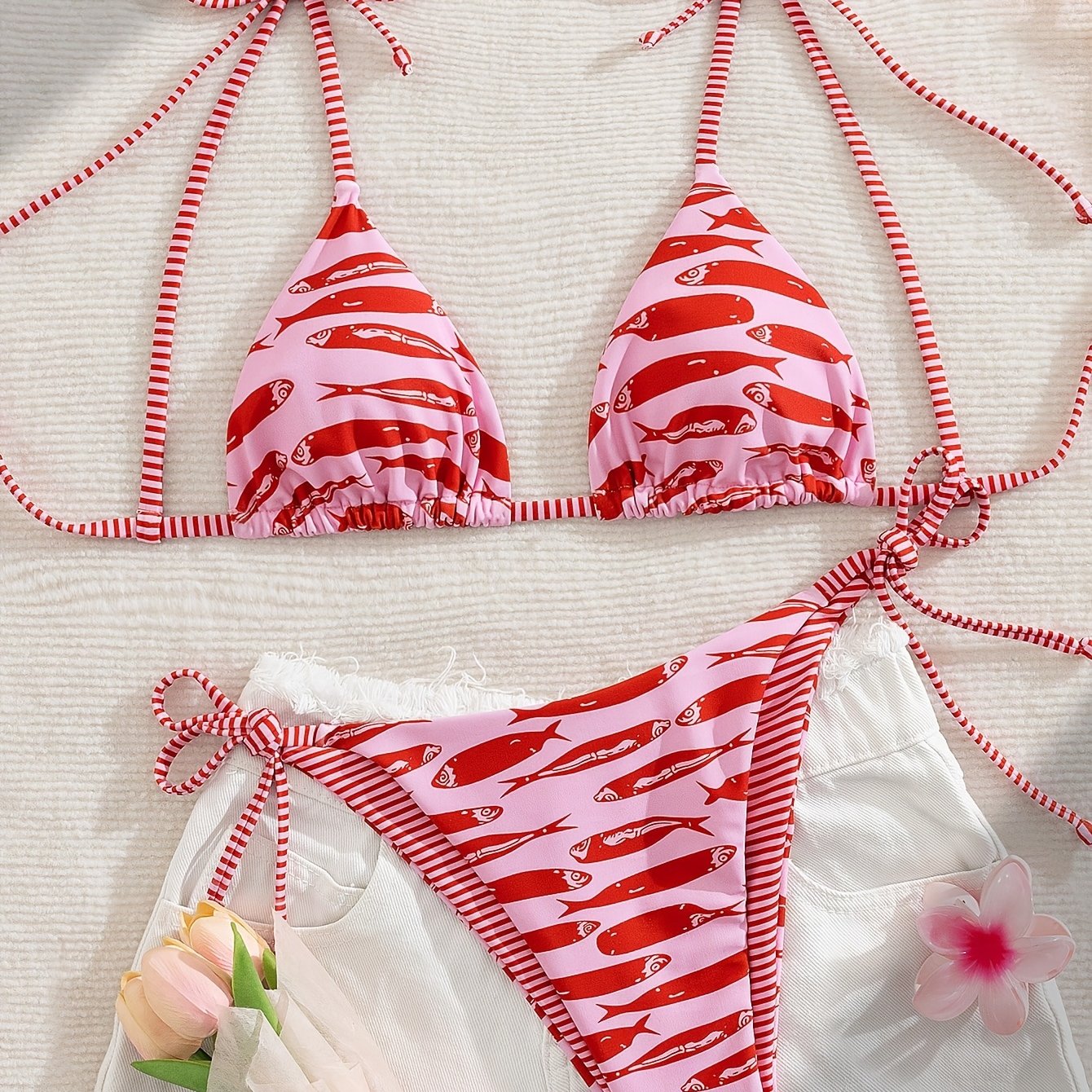 TEMU 26 Fashion Women's Sexy Bikini Vacation Swimwear Two-piece Set, Valentine's Day Red Print, Suitable For Beach Vacation And Pool Parties