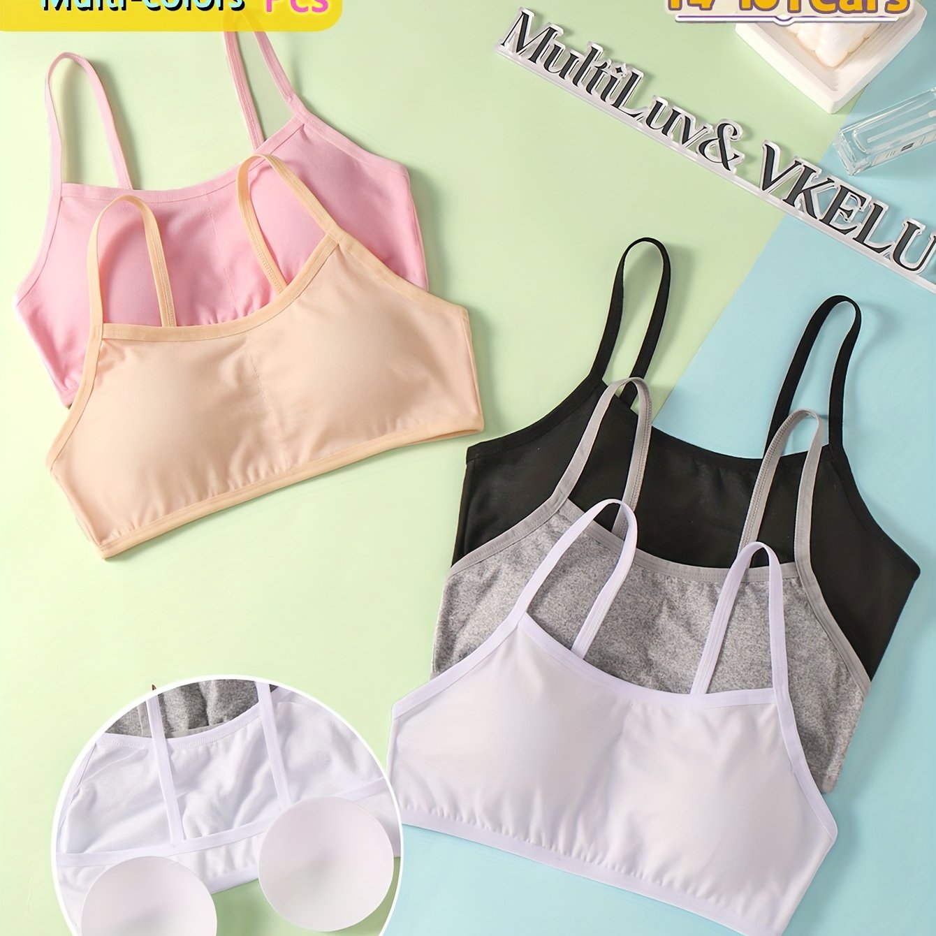 TEMU 3pcs Tween Underwear, All Matching Styles Random Solid Candy Color Vest Top With Comfortable Elastic Straps And Breathable Removable Padding,