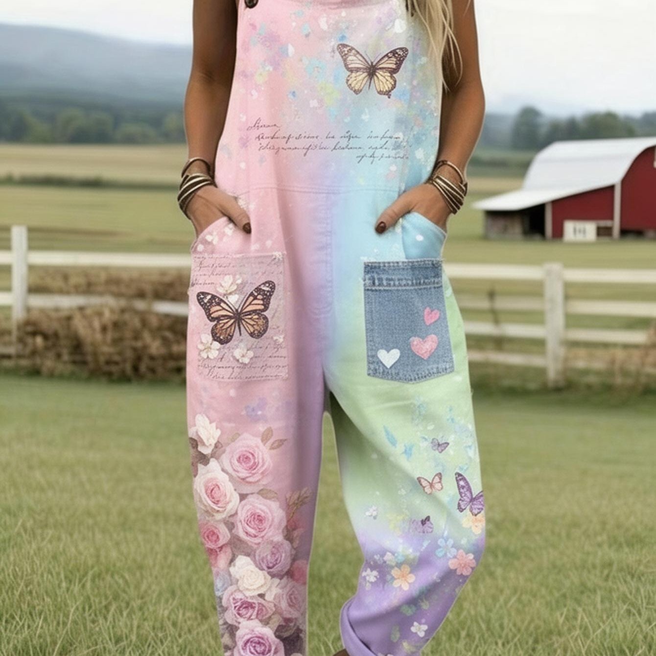Image of Plus Size, Women's Print Jumpsuit, Pastel And Floral Jumpsuit, Bohemian Farmhouse Style Women's Jumpsuit, Spring-summer Outfit, Printed Jumpsuit With Pockets, Suitable For Spring, Summer, And Autumn