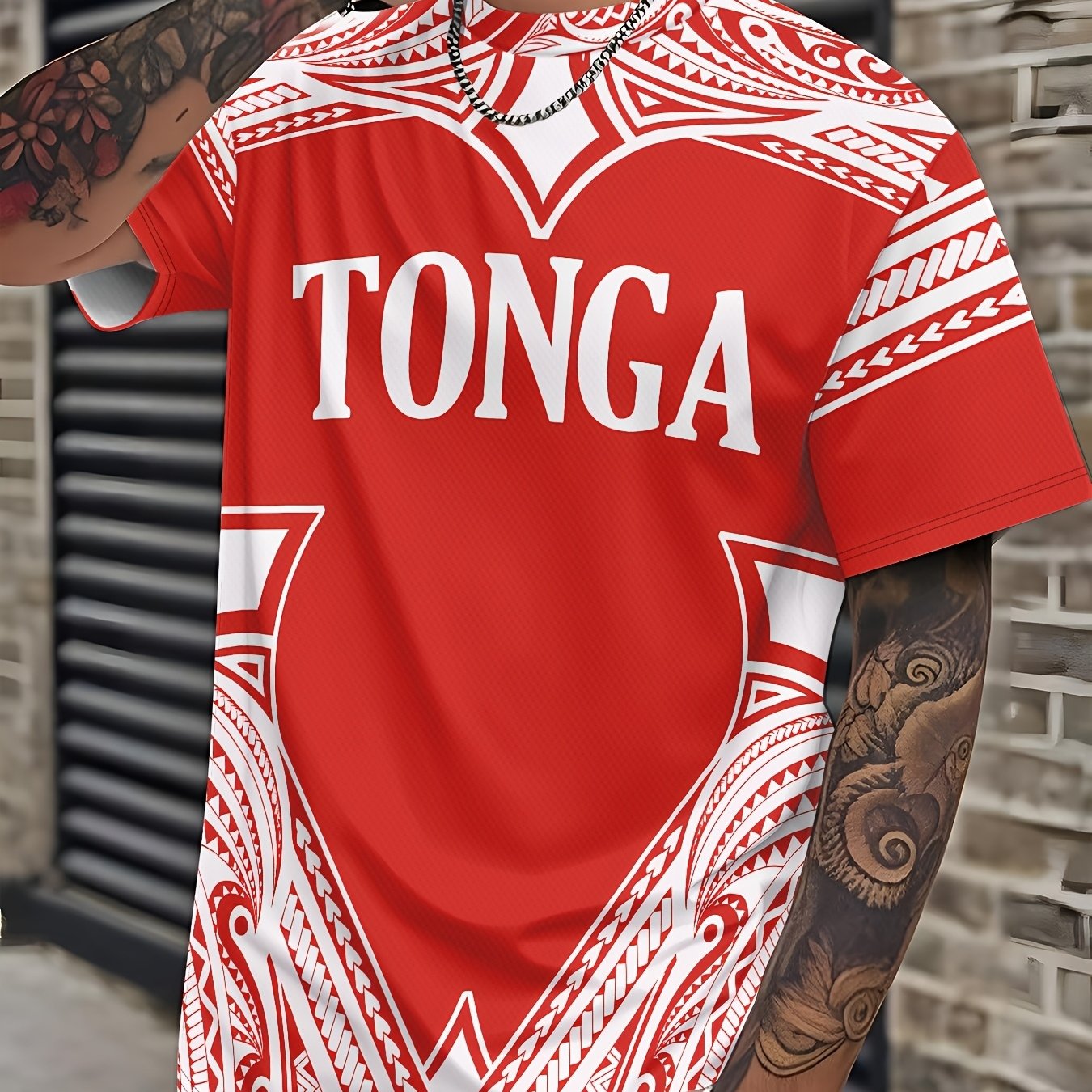 TEMU Men's Tongan Totem T-shirt - Authentic Polynesian Tribal Design With Tongan Lettering & Monogram Print, Loose Drop Shoulder Fit, Round Neck