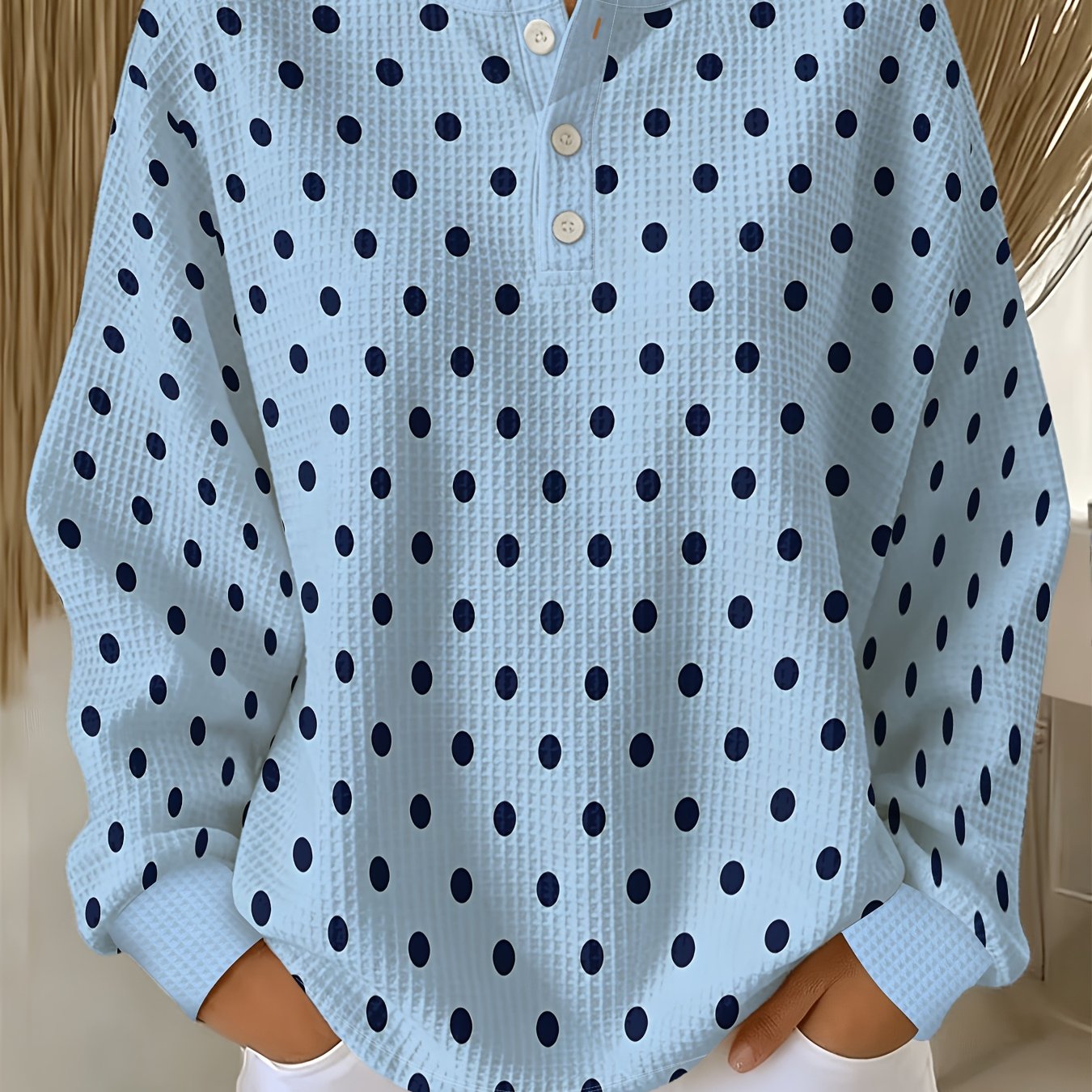 TEMU Plus Size Waffle-check Sweatshirt, Retro Light Dark Blue Polka Dot Print, Fresh Age-reducing 3-button Round Neck Long Sleeve Sweatshirt