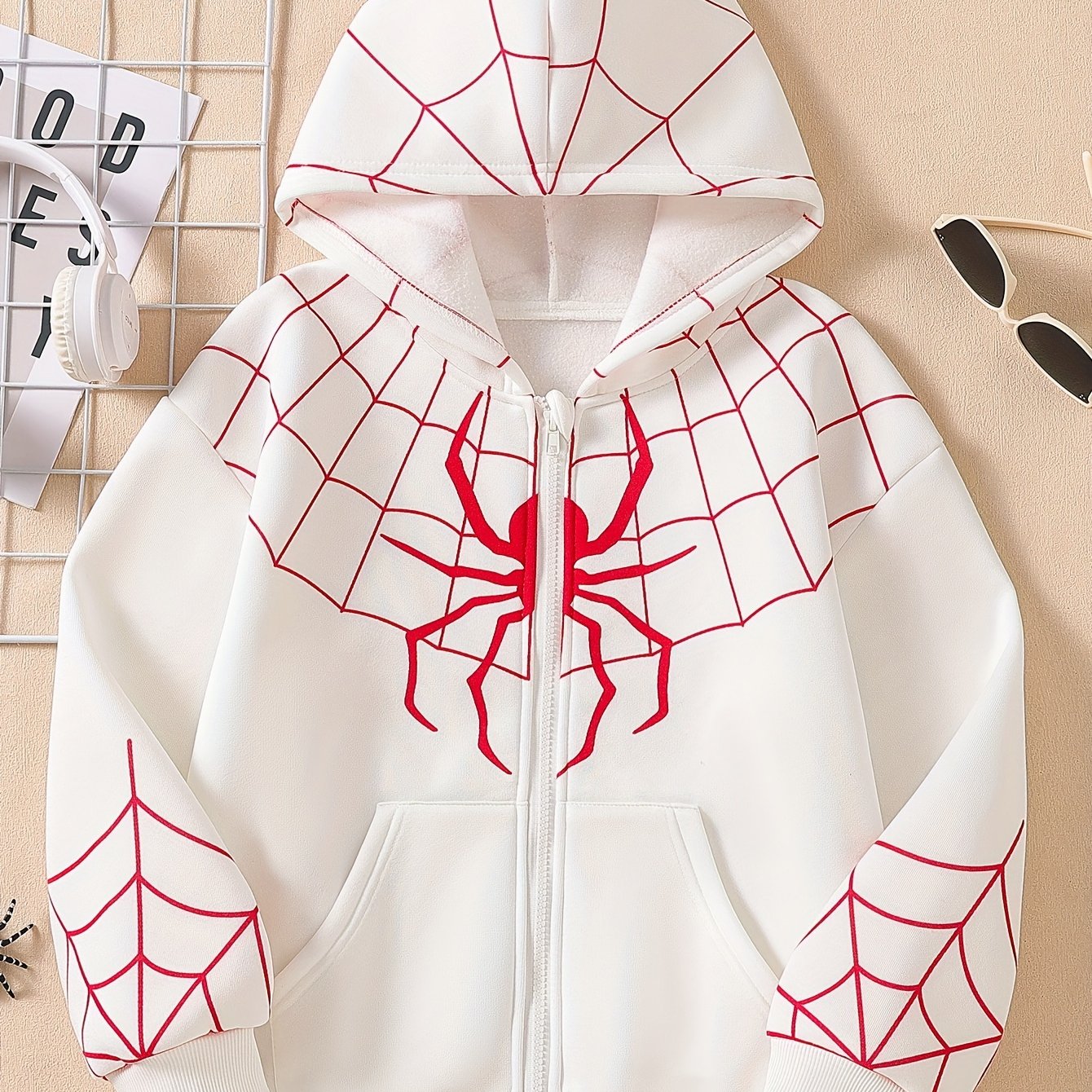 Image of Autumn Girls' Fashion Cool Loose Design Zip Spider Web Print Hooded Long Sleeve Casual Outdoor Gathering Party Vacation Mid-large Child Comfortable Warm Young Girl Jacket