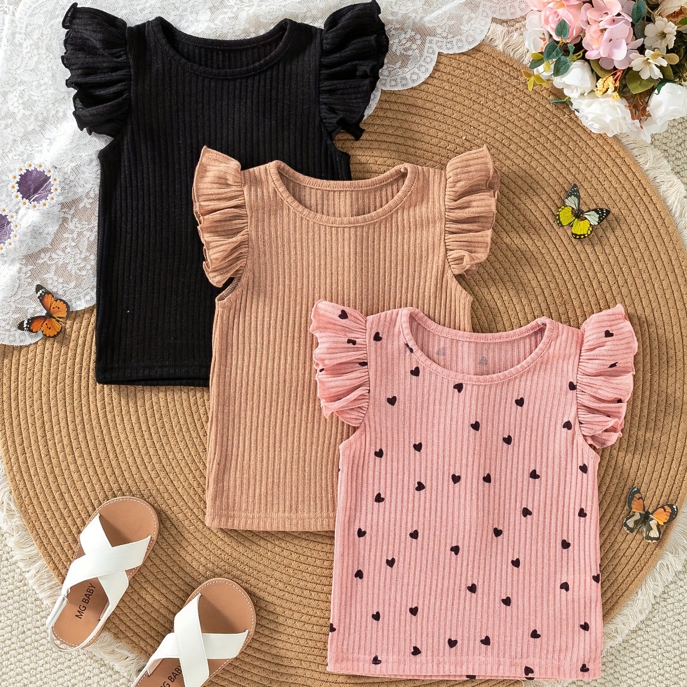 Girls' New Small Flutter Sleeve Vest And Big Child Basic Top 3pcs Set