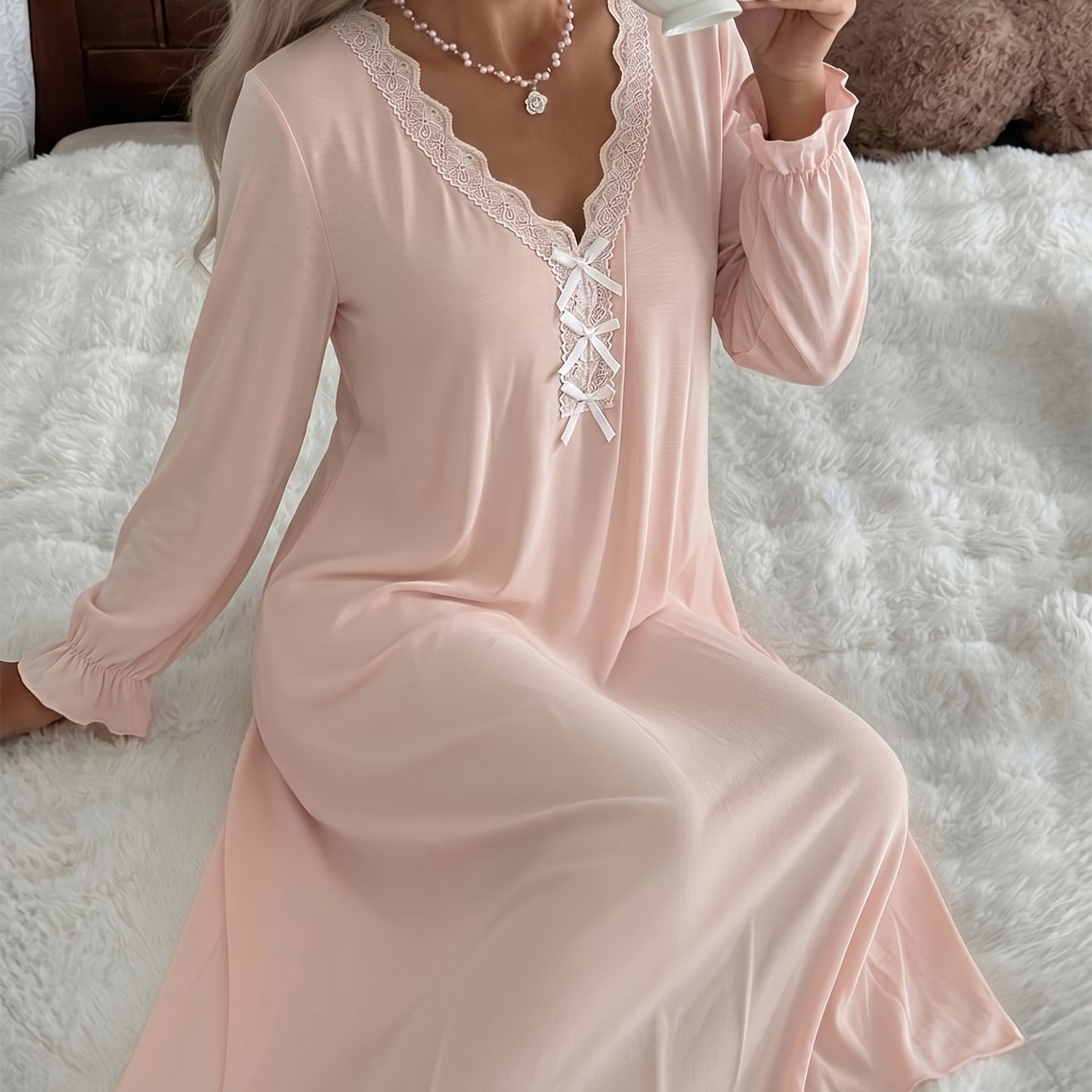 TEMU Women's Rayon Modal Lace V-neck Bow Stretchy Nightgown, Super Soft