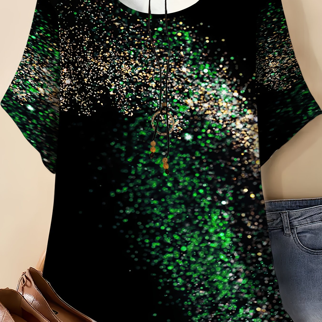 TEMU This Women's Plus-size Round-neck T-shirt Features A Design Around " Color   Emerald Dust (with A Gradient Distribution Of Green-golden Sparkles