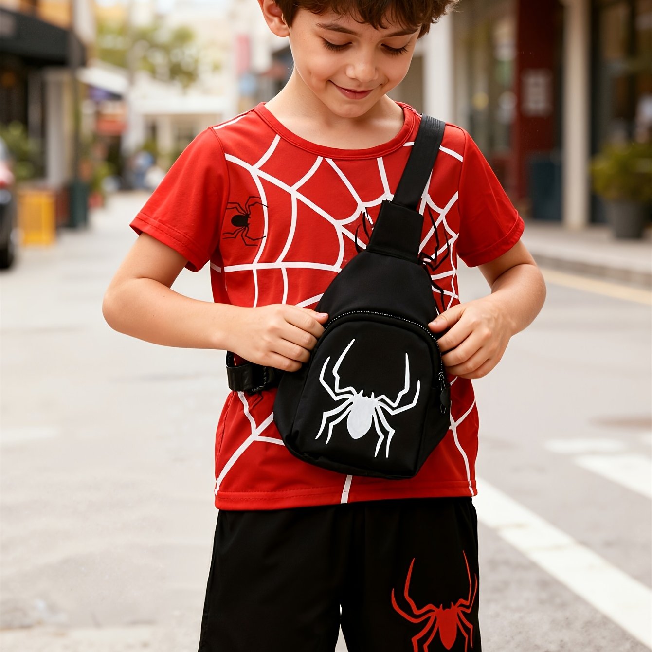 Boys' Summer "spider & Web" Fashionable And Trendy Patterned 3pcs Set: Round Neck Short Sleeve T-shirt, Shorts, And Spider Print Bag, Perfect For Outdoor