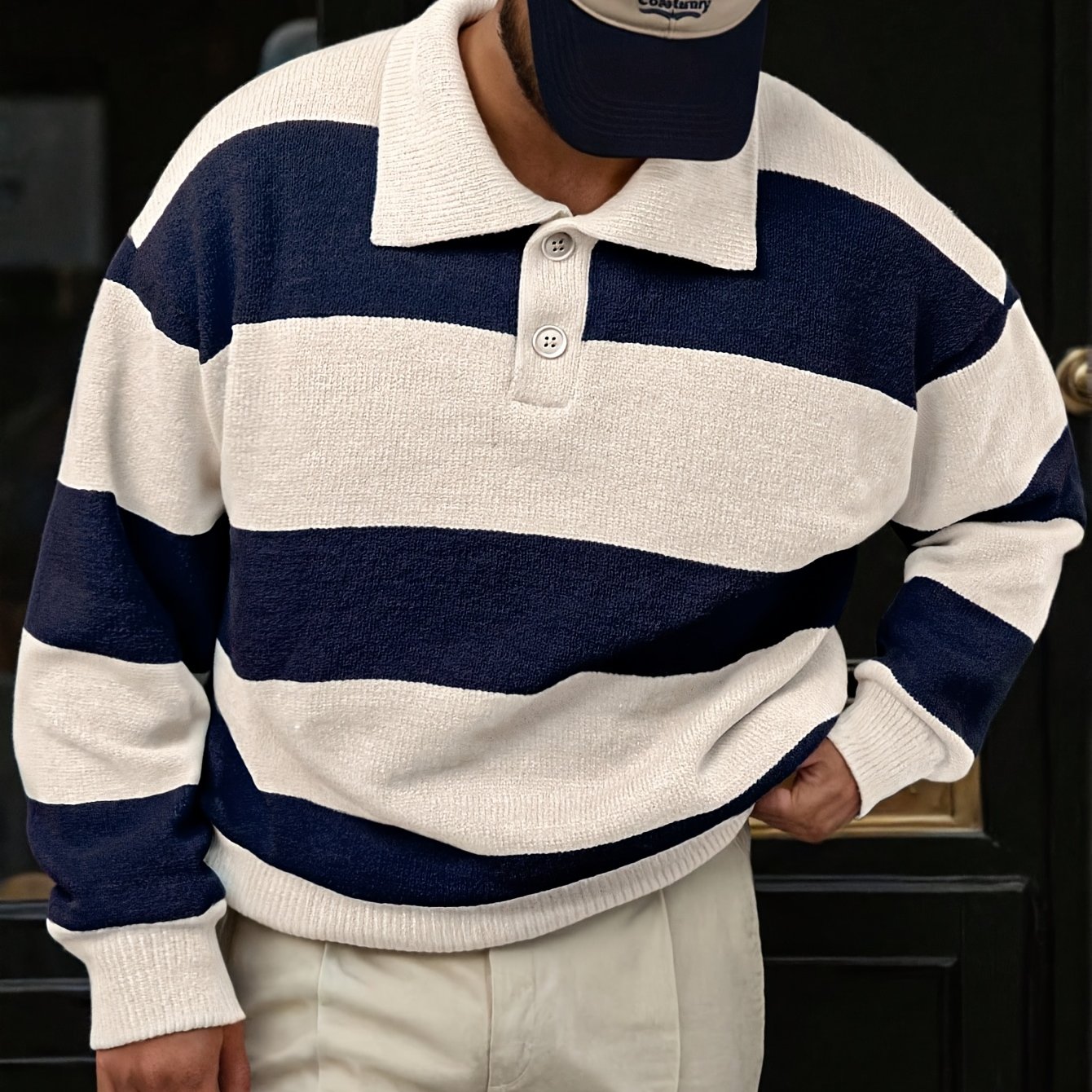 TEMU Hiver Automne Japonais Coréen Académie Facile Décontracté Polo Rayé Homme Pull Long Tricoté Haut