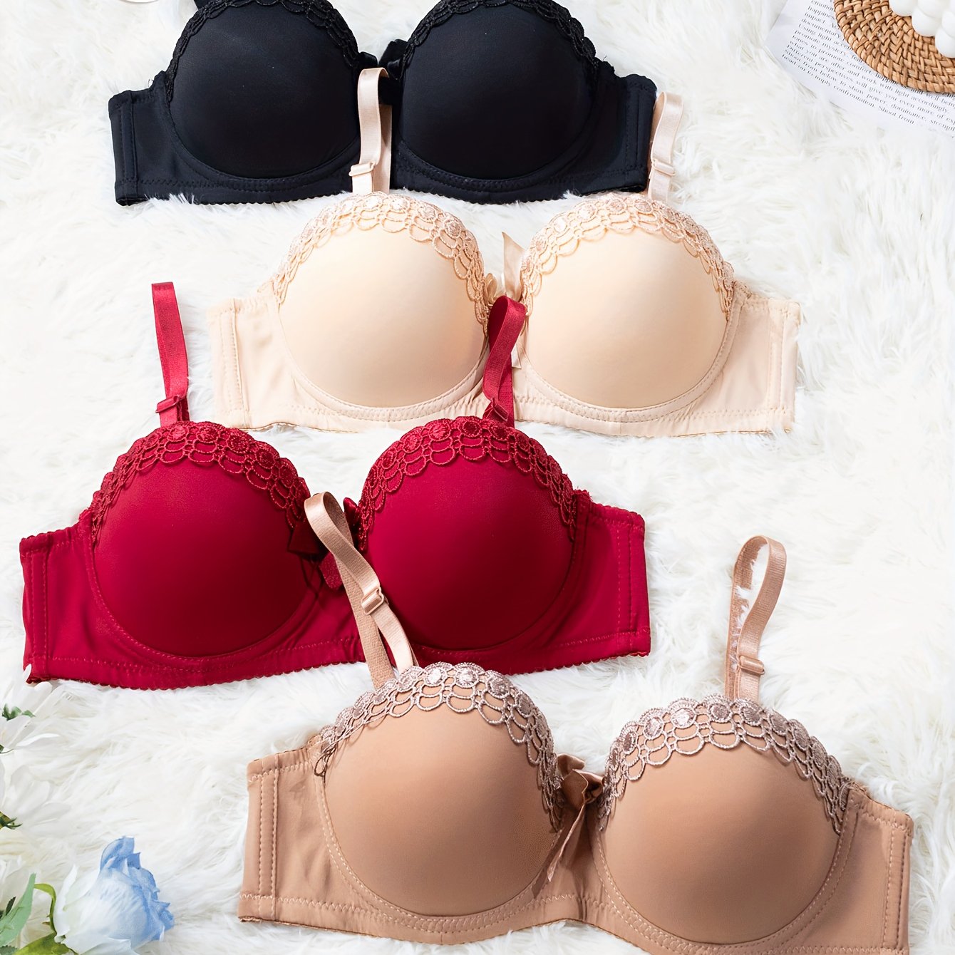 TEMU Ensemble de 4 pièces "Sous-vêtements Brodé Papillon Soutien-gorge à armatures et Culotte Antidérapant Mode Femme Sexy Soutien-gorge
