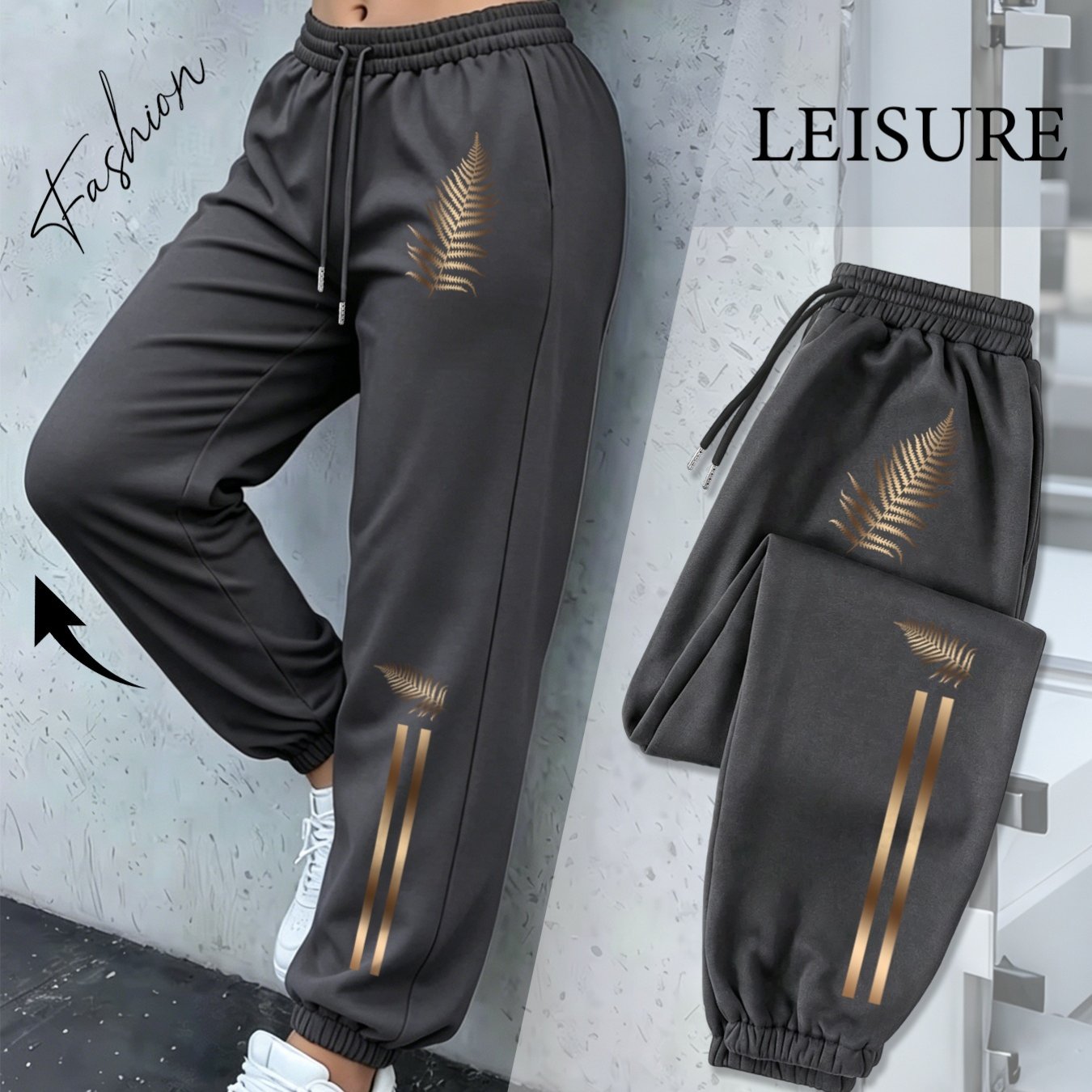 Image of Women' Plus Size High-waisted Jogger Pants With Leaf & Double Stripe Print - Loose Trousers Suitable For Gym,, Streetwear | Machine Washable Wide Athletic Pants For - Wear