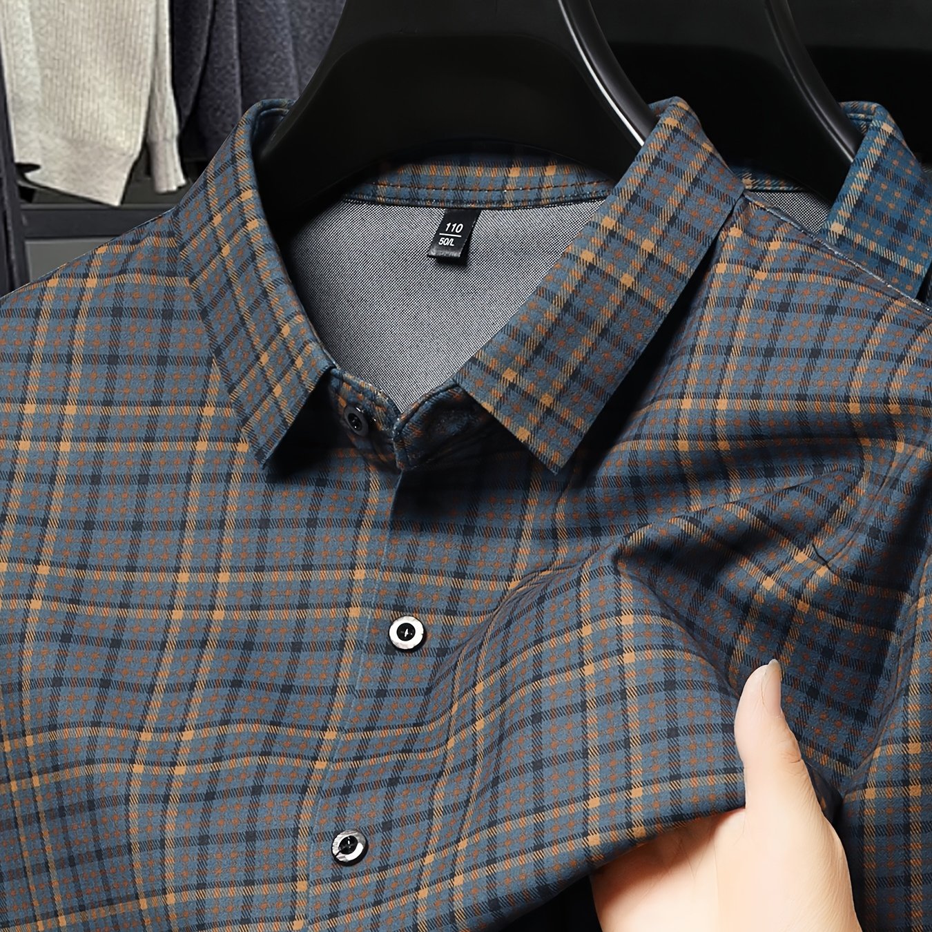 TEMU A New Style Of Thin Checkered Men's Long-sleeved Seamless Elastic Shirt For Autumn And Winter, A Fashionable Base Layer Shirt