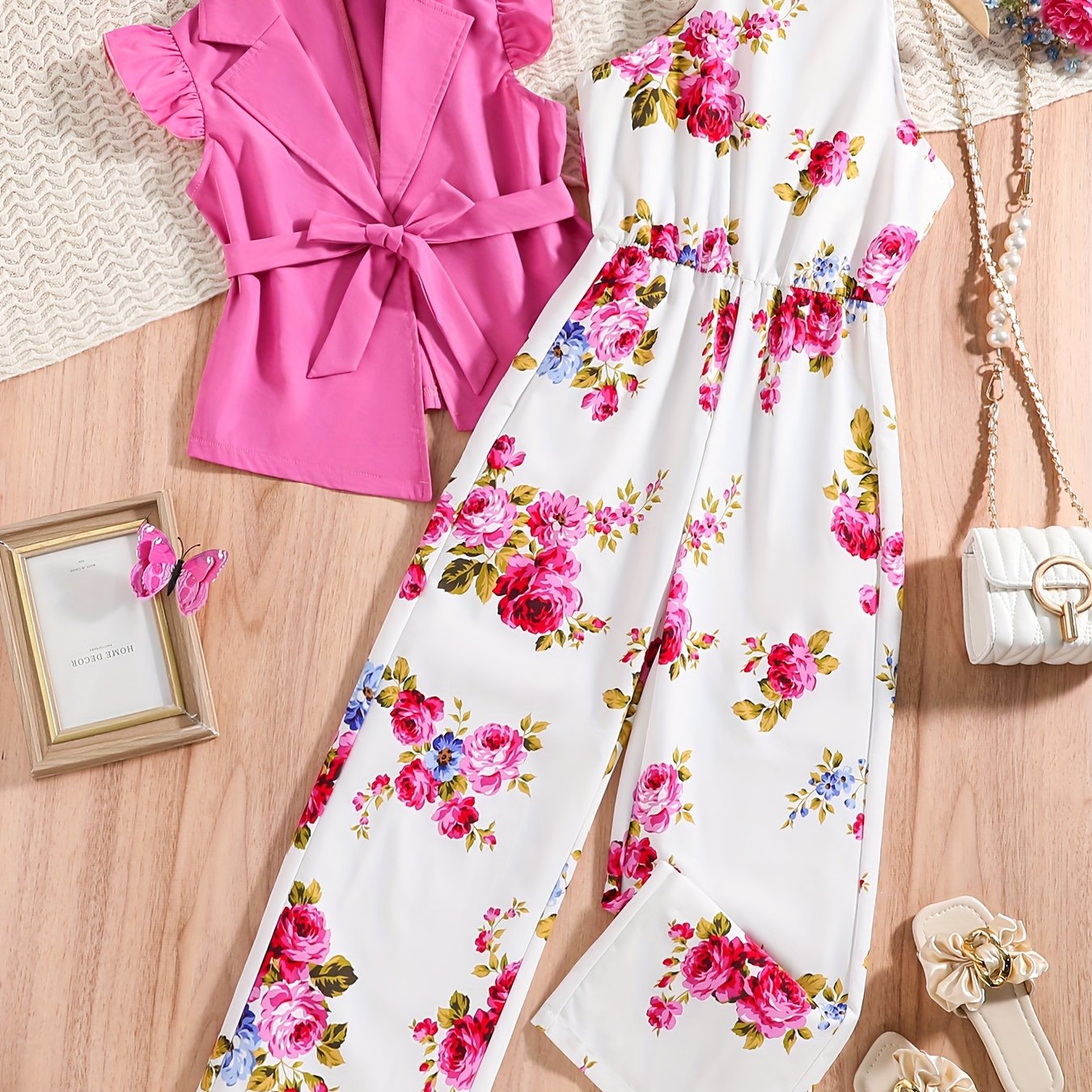 Image of Girls' Spring/summer 2pcs Set: Small Flutter Sleeve Large Lapel Belted Top And Floral Print Suspender Jumpsuit, Perfect For Outdoor