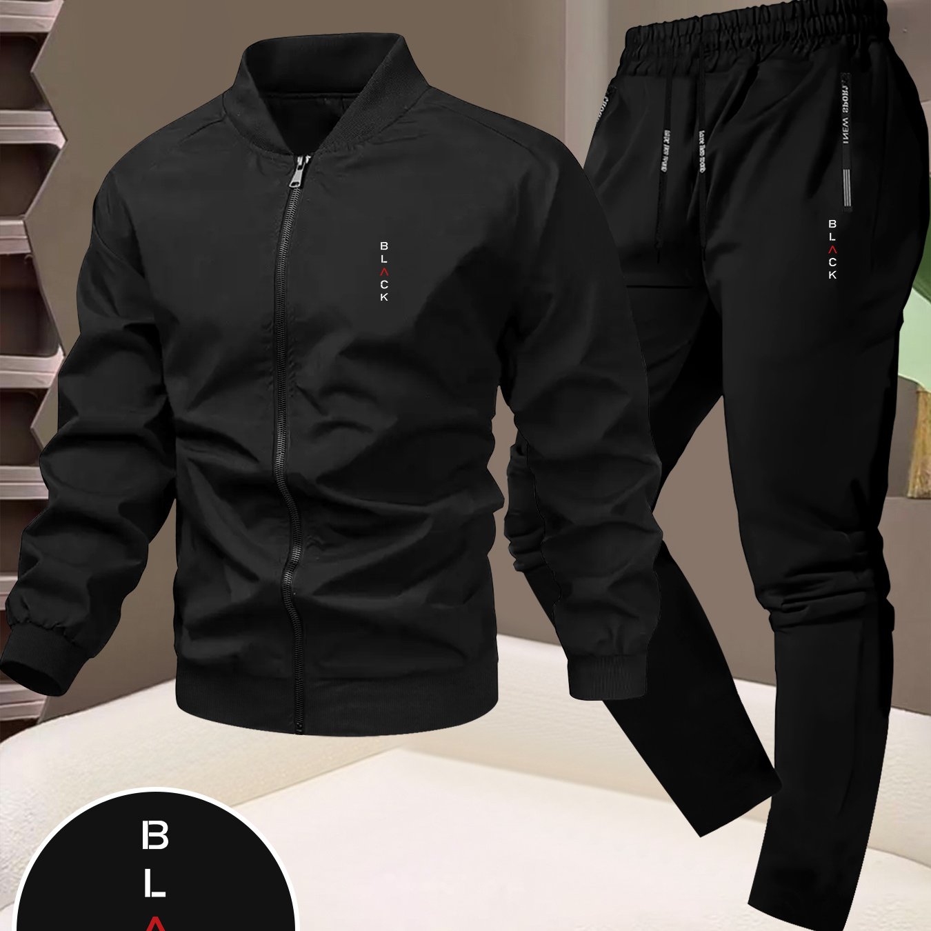 TEMU Men's Trendy Letter Jacket Two-piece Set, Casual Youth Business Baseball Uniform Collar Sports Jacket Suit