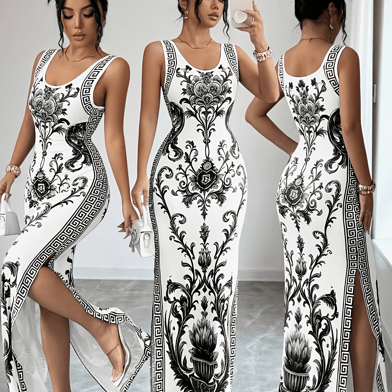 TEMU Elegant Oriental-style Spring/summer Women's Exquisite Printed Chinese-inspired Waist-slit Luxurious Vintage Middle Eastern Uae Style Robe,