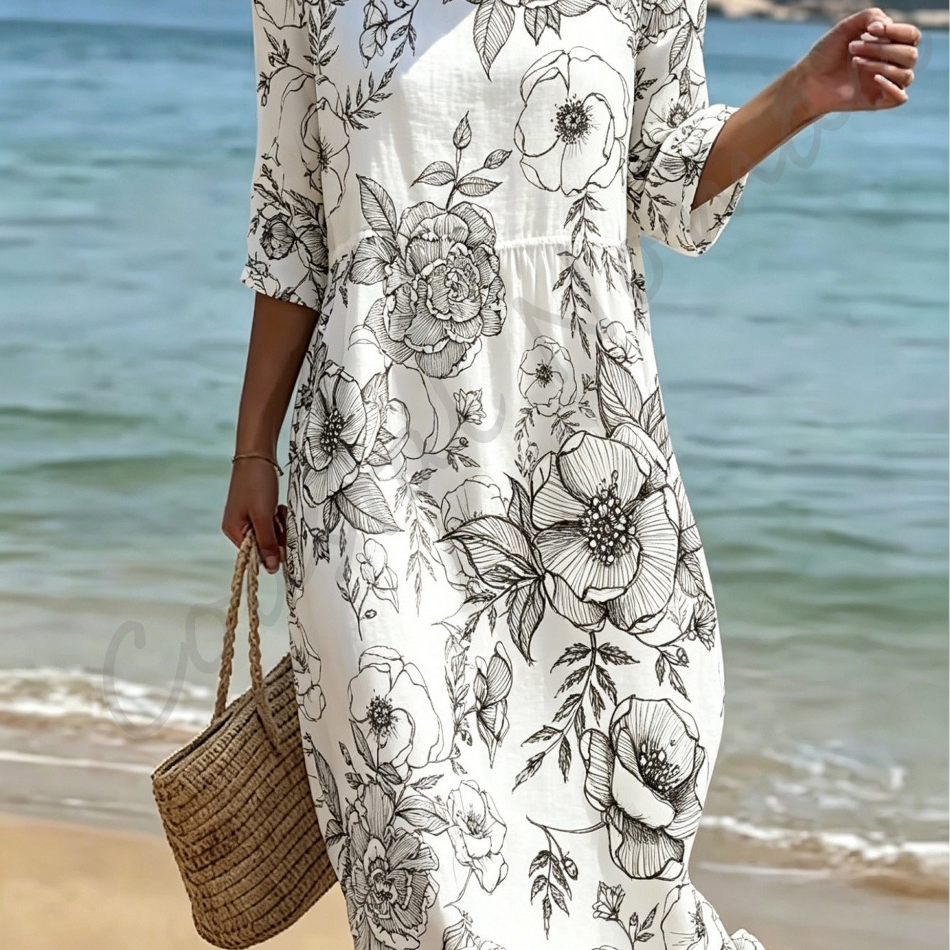 This Women's Summer Beach Dress Features A Round Neck And Three-quarter Sleeves. Made Of Breathable And Skin-friendly Fiber Fabric, Loose And Comfortable, Exuding And Artistic Vacation Vibe.