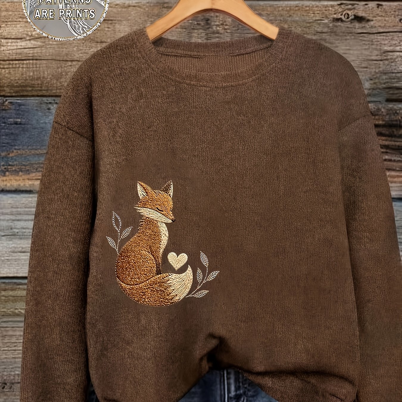 TEMU Women's Fashion Casual Long Sleeve Top, Fox Print Loose Versatile Round Neck Pullover Sweater