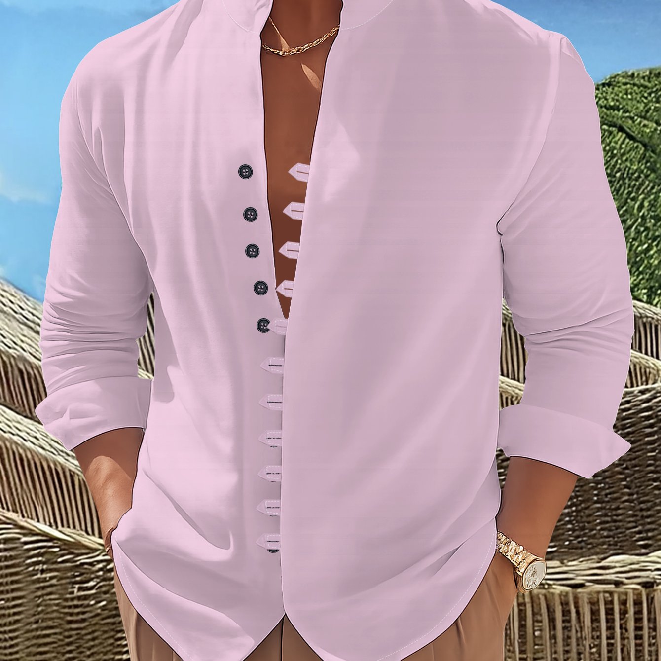 TEMU Men's Casual Fashion Stand Collar Long Sleeve Shirt, Stylish Design, Versatile For Parties And Commuting