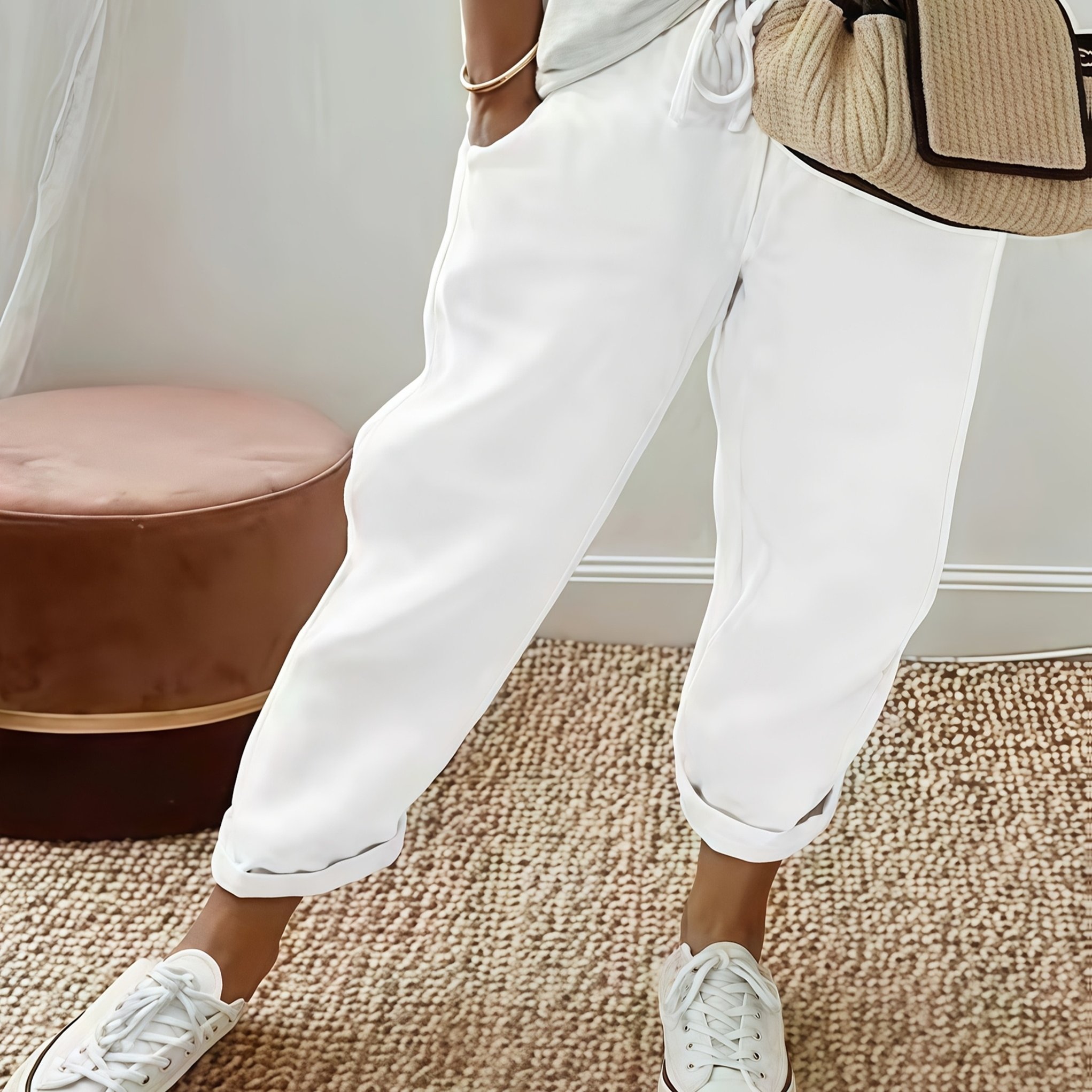 TEMU Solid Color Casual Straight-leg Pants With Drawstring Waist, Fashionable Ankle Pants, Machine Washable