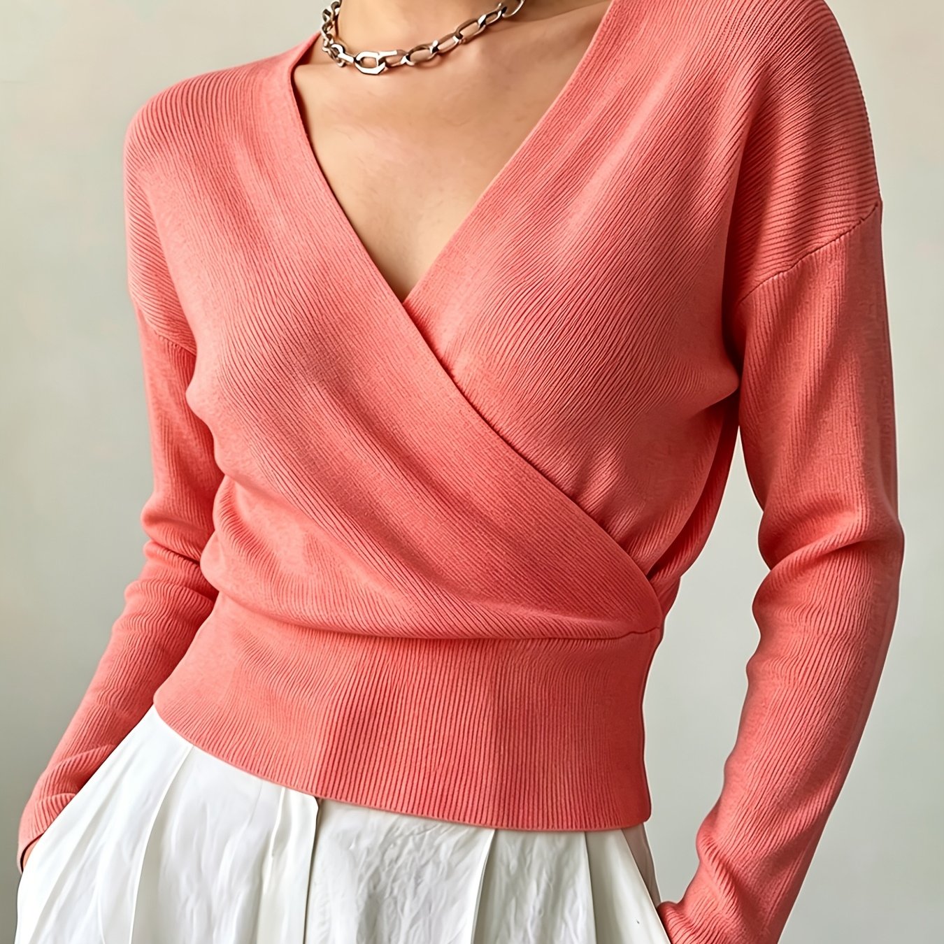 TEMU Women's Ins Fall Winter Cross-neck Pullover, Temperament Versatile Loose Machine-washable Long Sleeve Sweater