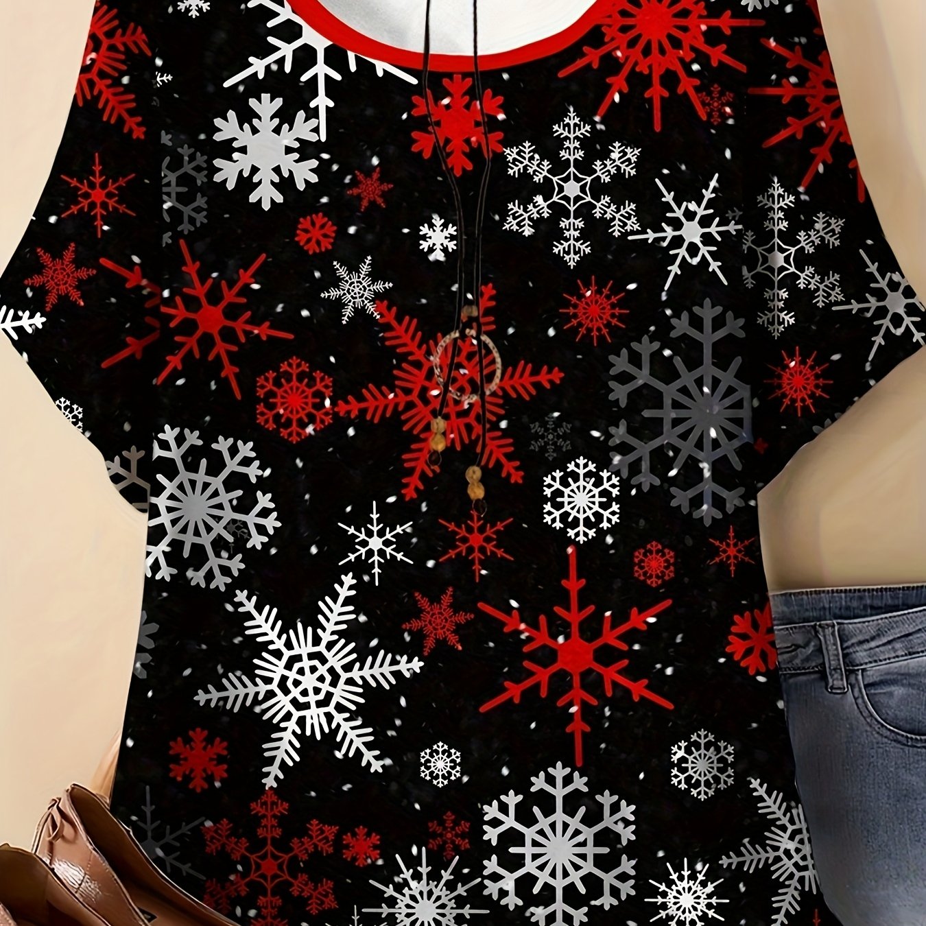 TEMU Plus Size - Plus Size - Plus Size Women's Clothing, Plus Size T-shirt -- , Red, White Snowflake Fusion Print - T-shirt, Fashionable And Fun