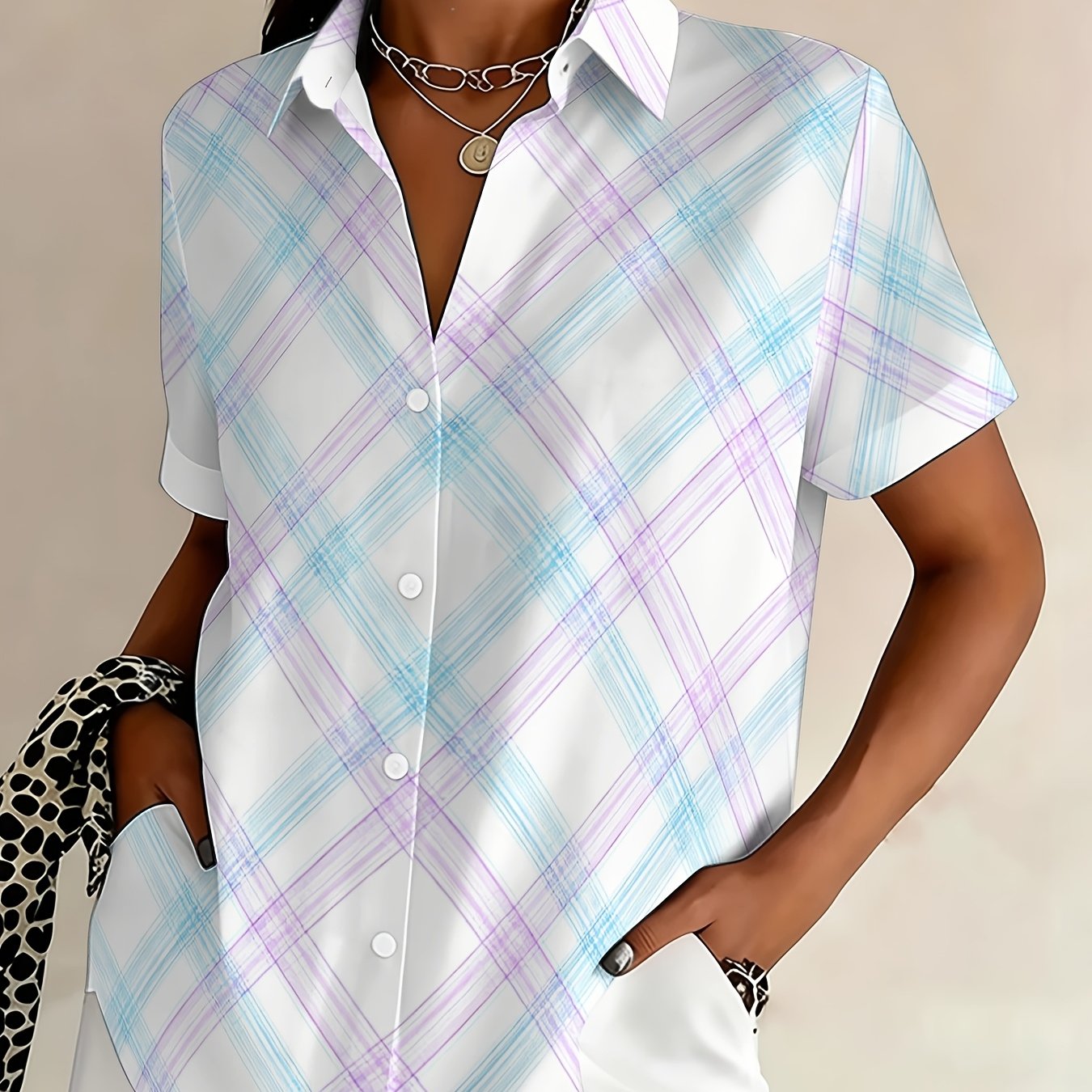 TEMU Plus Size - Plus Size - Plus Size Women's Casual Short Sleeve Button- Shirt, Oversized Lapel Print Blouse, Stretch, Comfortable Weekend Wear,