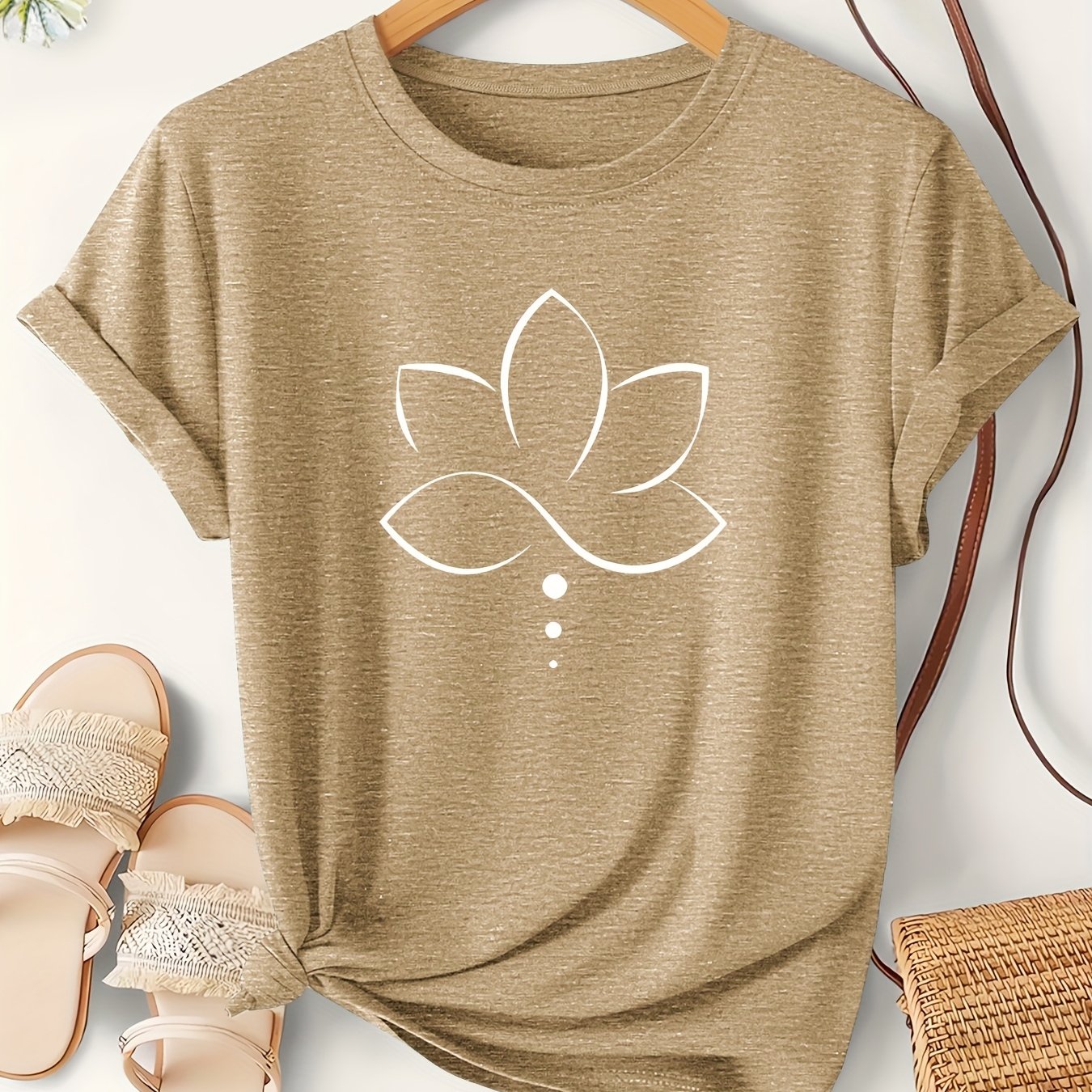 TEMU Women's Vintage Mandala Plant Short-sleeve T-shirt - Round Neck Casual Blouse With Mandala & Botanical Line Drawings, S-xxl ( Options) | Machine