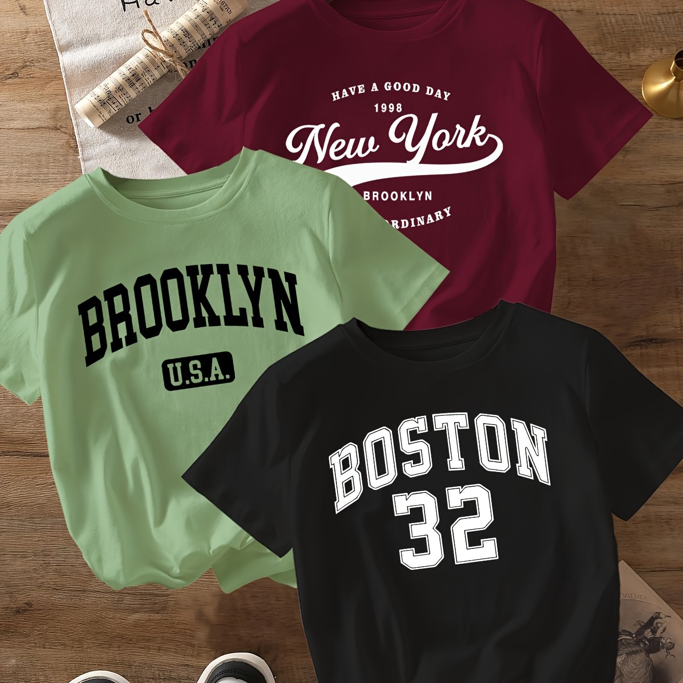 TEMU Set Of 3 Stylish T-shirts With Round Neck And Short Sleeves, In Multiple Colors For Women's Wear