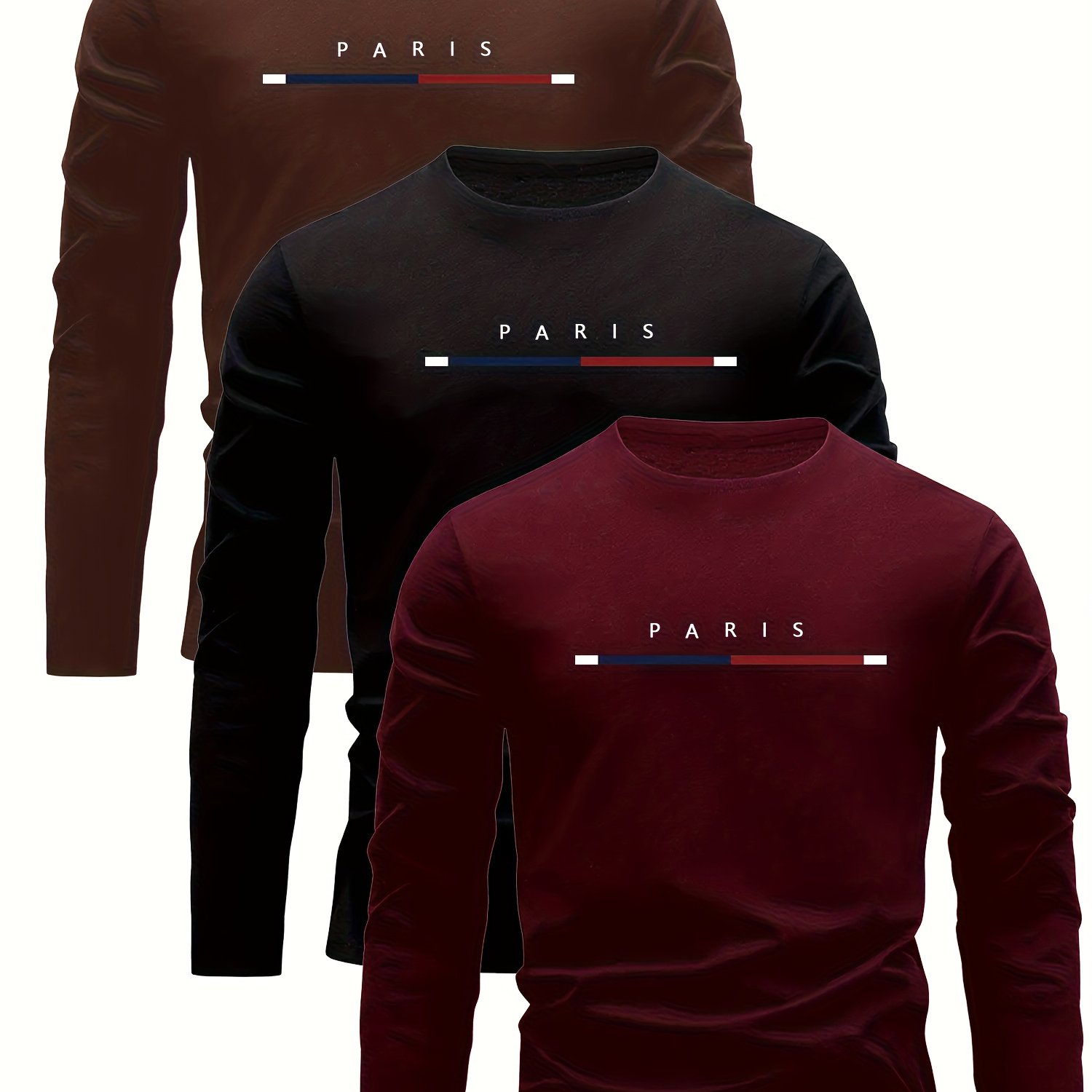TEMU 3pcs Mixed -color Striped Pattern Long-sleeved Men's Men's Round Neck T-shirt Quick-drying, Breathable, Sweat-absorbing Shirt, Casual Men's