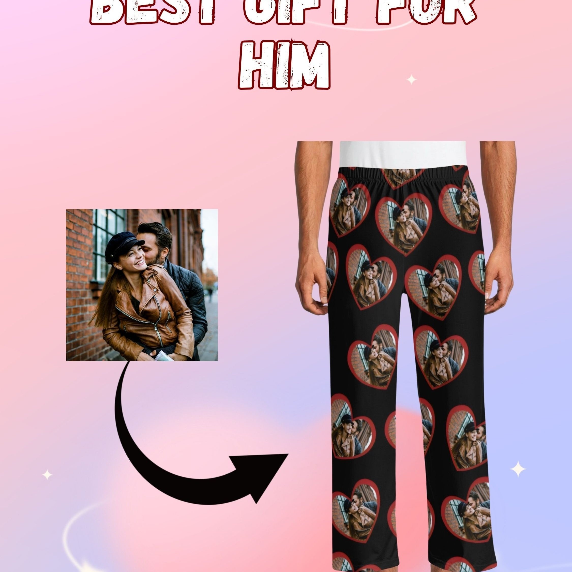 TEMU Custom Photo Men's Pajama Pants - Personalized Sleepwear With Heart & , Comfortable Polyester Blend, Machine Washable, Perfect Gift For Him