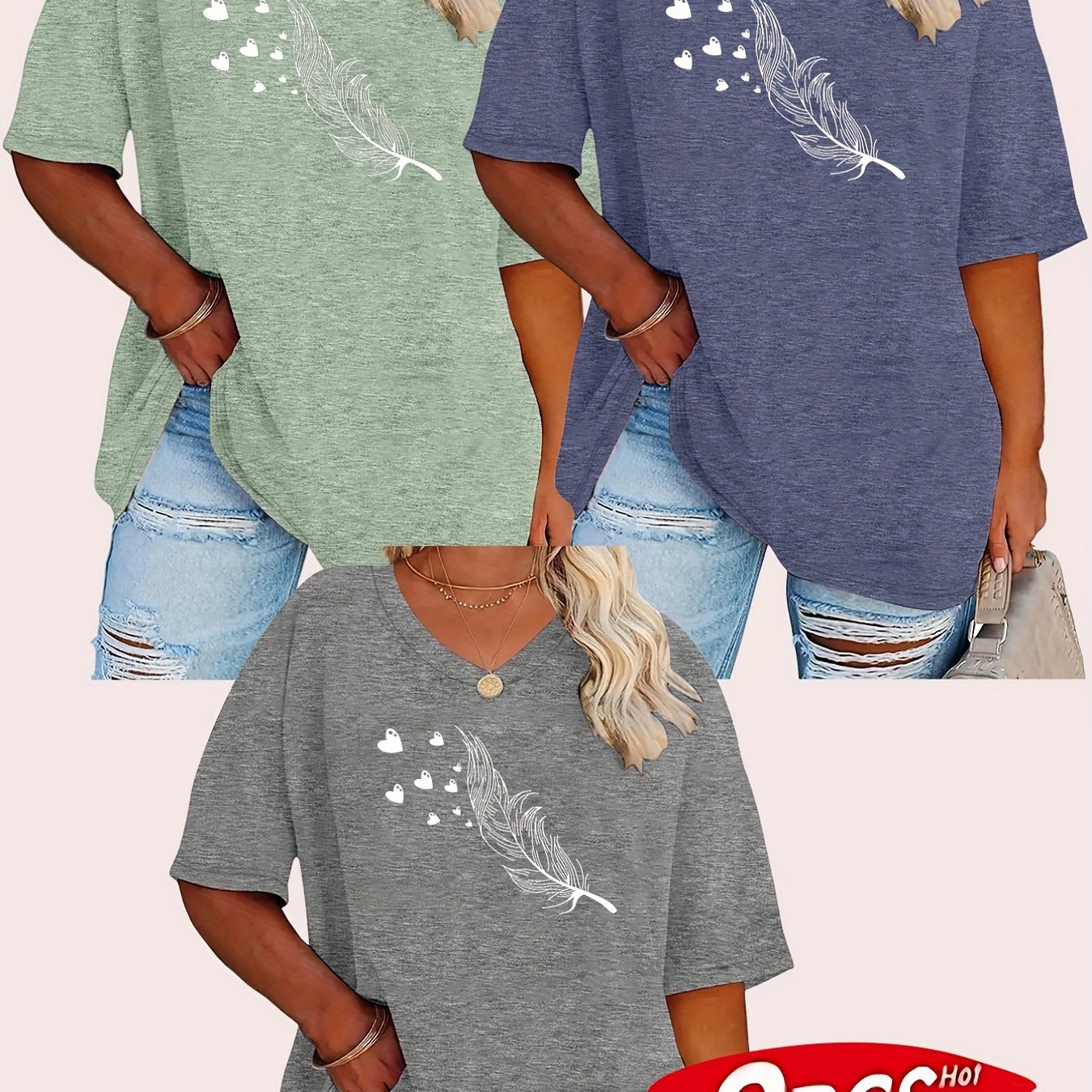 TEMU Plus Size, Versatile T-shirt 3pcs Set - Plus Size Women's Fashion Letter V-neck T-shirt 3pcs Set. The Fabric Is On The Skin, Made From A