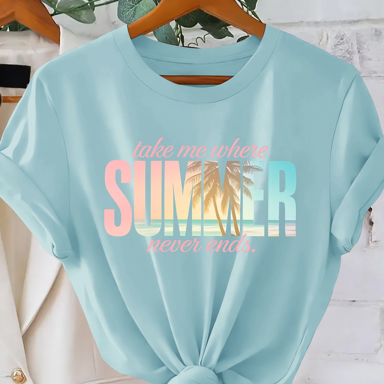 TEMU Women's Summer Top | " Where " Gradient Coconut Tree Print Women's T-shirt | Style Loose Neck Short Sleeve | 2026 Summer Vintage Elegant Party