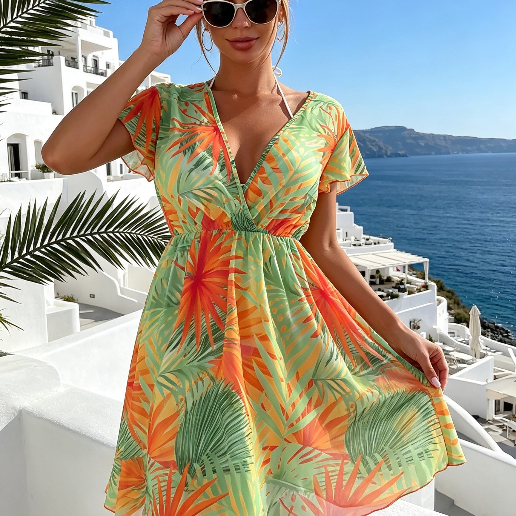 New Beach Tropical Print Slant Neck Sleeve Blouse Dress