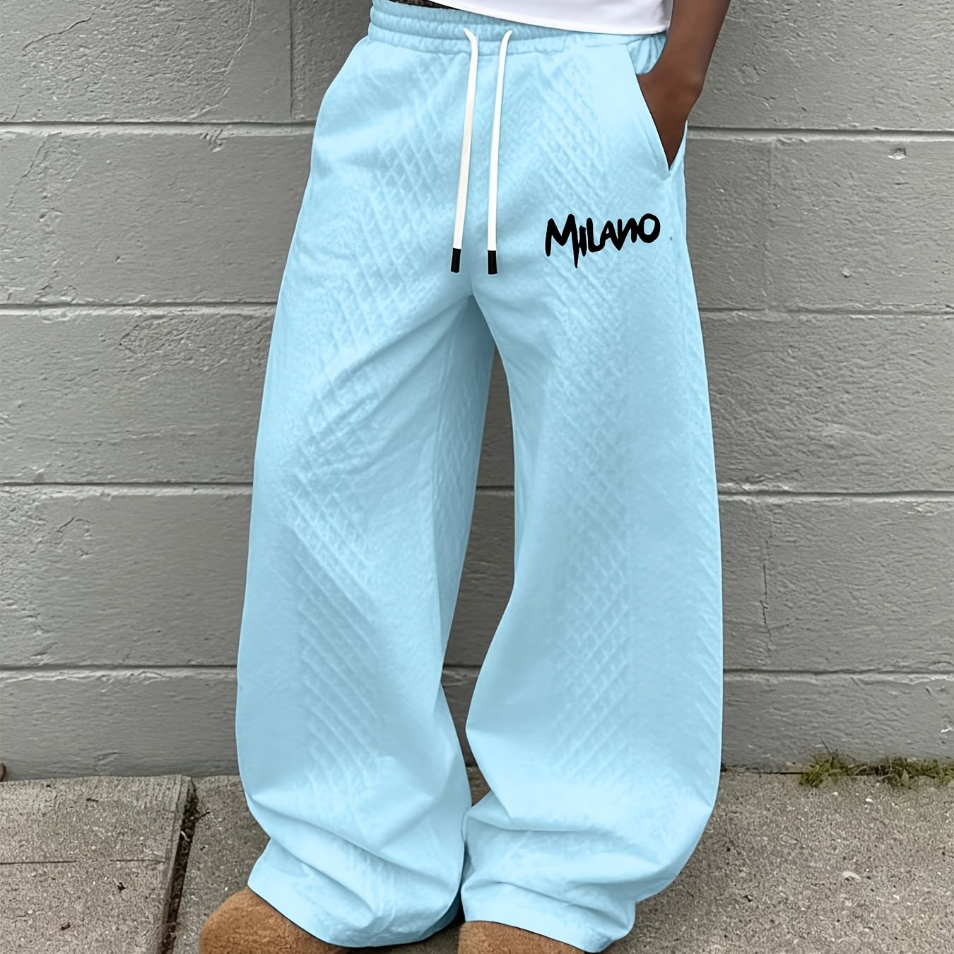 TEMU Men's New Textured Fabric, Versatile Solid Color Drawstring Loose Fit Casual Sports Pants